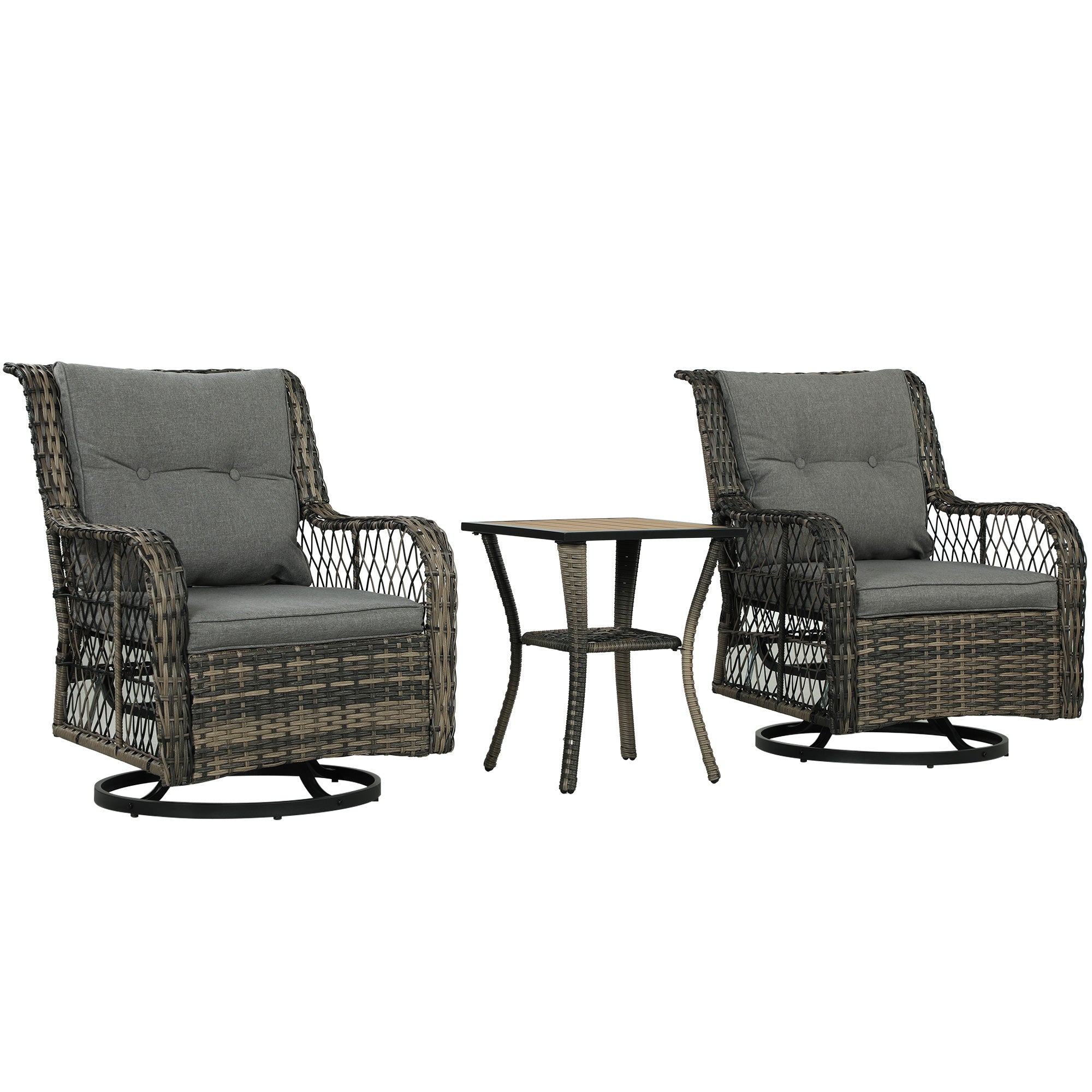 Outsunny 3 Piece Outdoor Bistro Set, Wicker Patio Furniture Set with Swivel Glider Chairs for Balcony, Porch, Grey