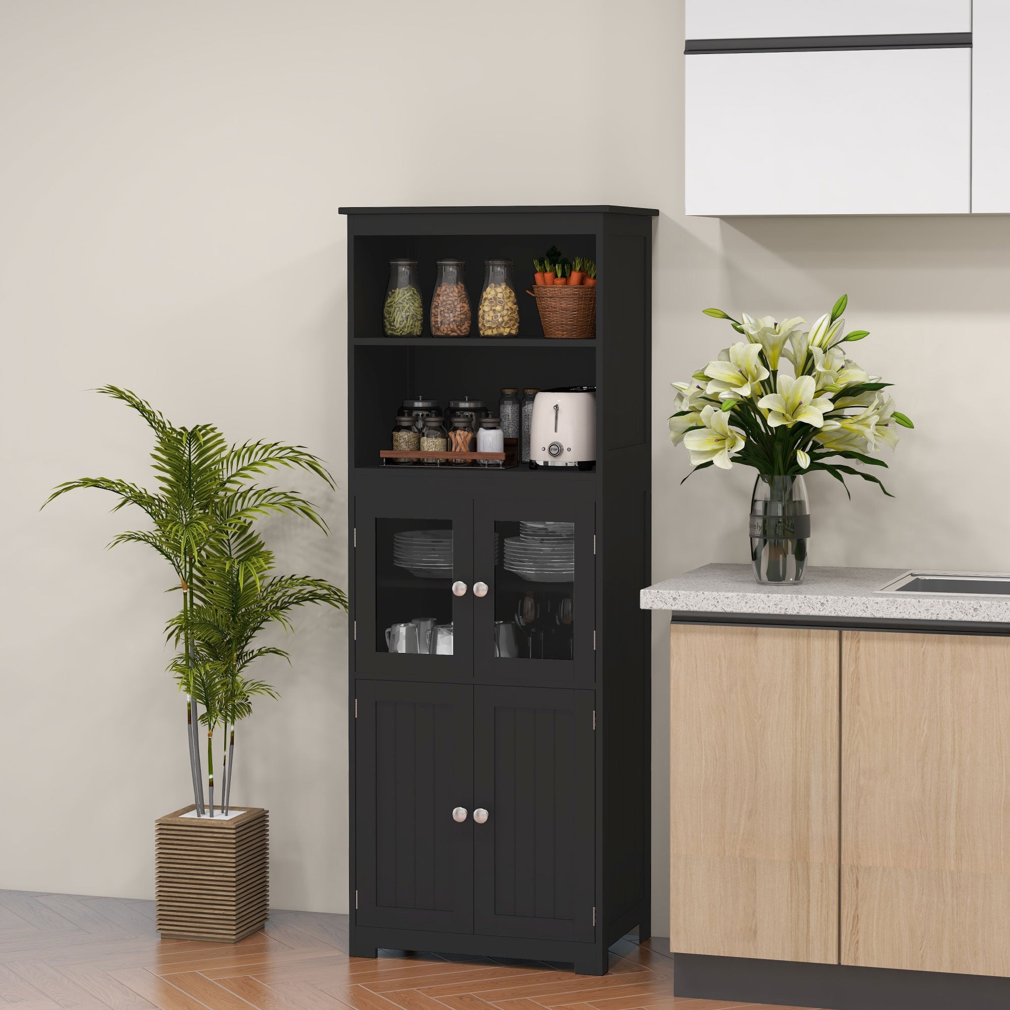 HOMCOM Black 63" Small Kitchen Hutch: 4-Door Pantry Storage Cabinet with Adjustable Shelf for Dining Room