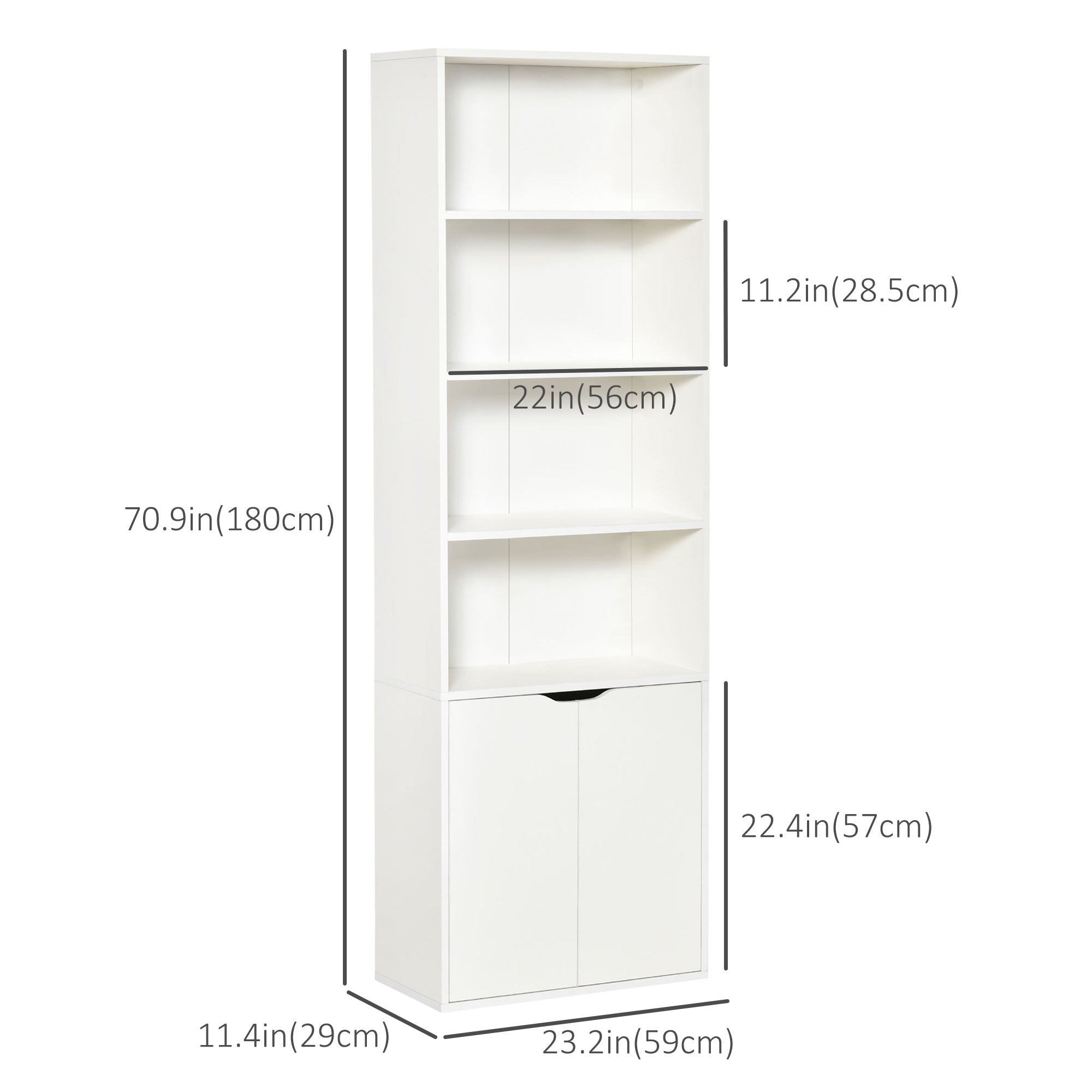 HOMCOM 4-Tier Bookshelf with Doors, White Modern Home Office Bookcase Storage Cabinet for Living Room, Bathroom, Study