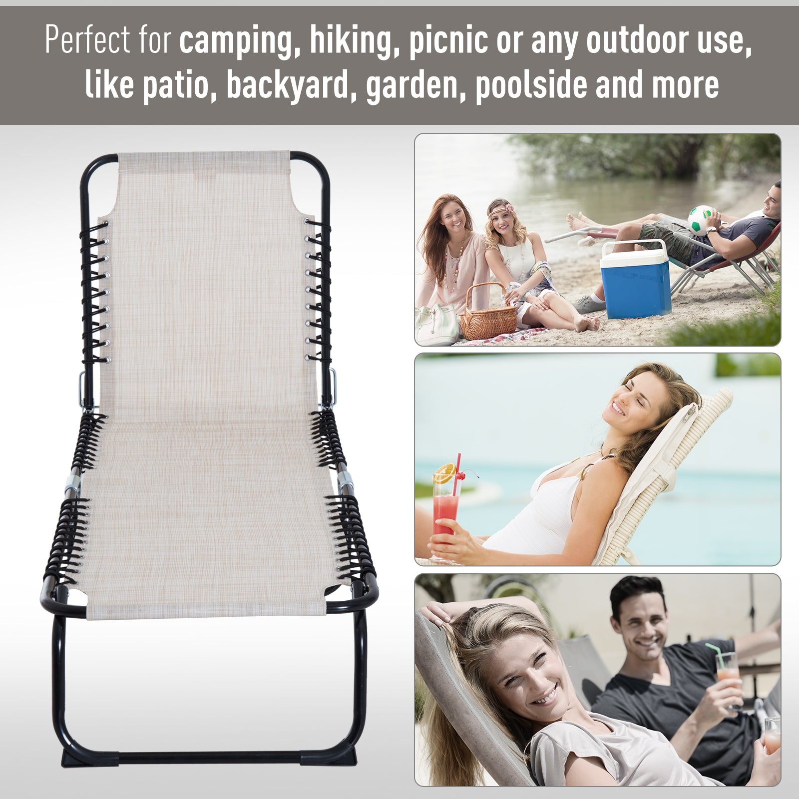 Outsunny Adjustable Folding Beach Bed 4-Level Reclining Lounger Lightweight Portable Outdoor Beige