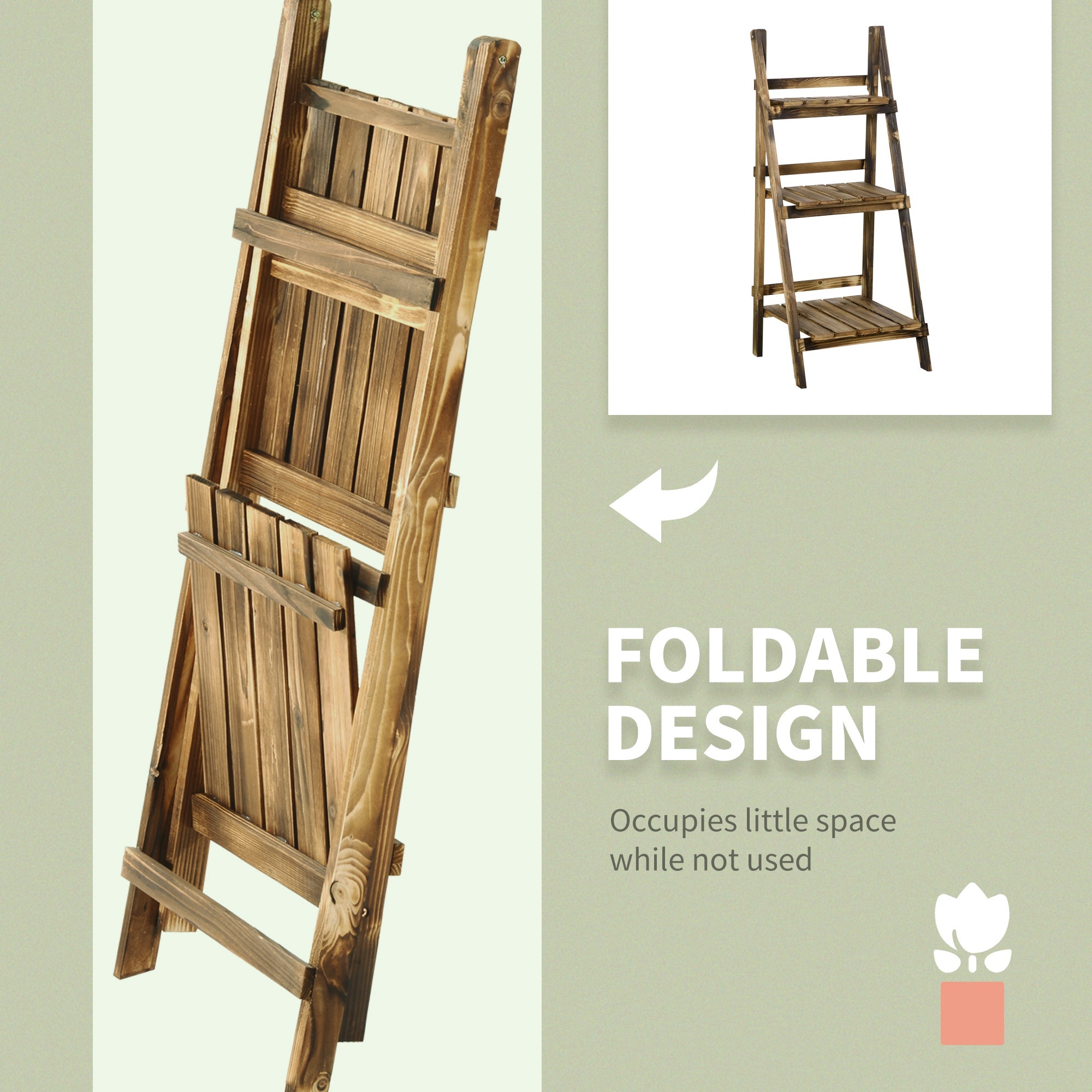 Outsunny Outdoor Plant Stand, Foldable Flower Stand 3-Tier Wooden Plant Shelf for Garden Indoor Outdoor, 16" x 15" x 37''