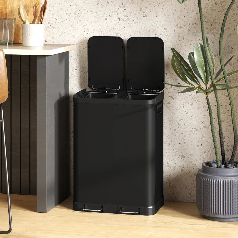 Kitchen Garbage Bin, 2 x 7.9 Gal (2 x 30 L) Trash Can, Soft-Close Garbage Can with Removable Inner Buckets, Black