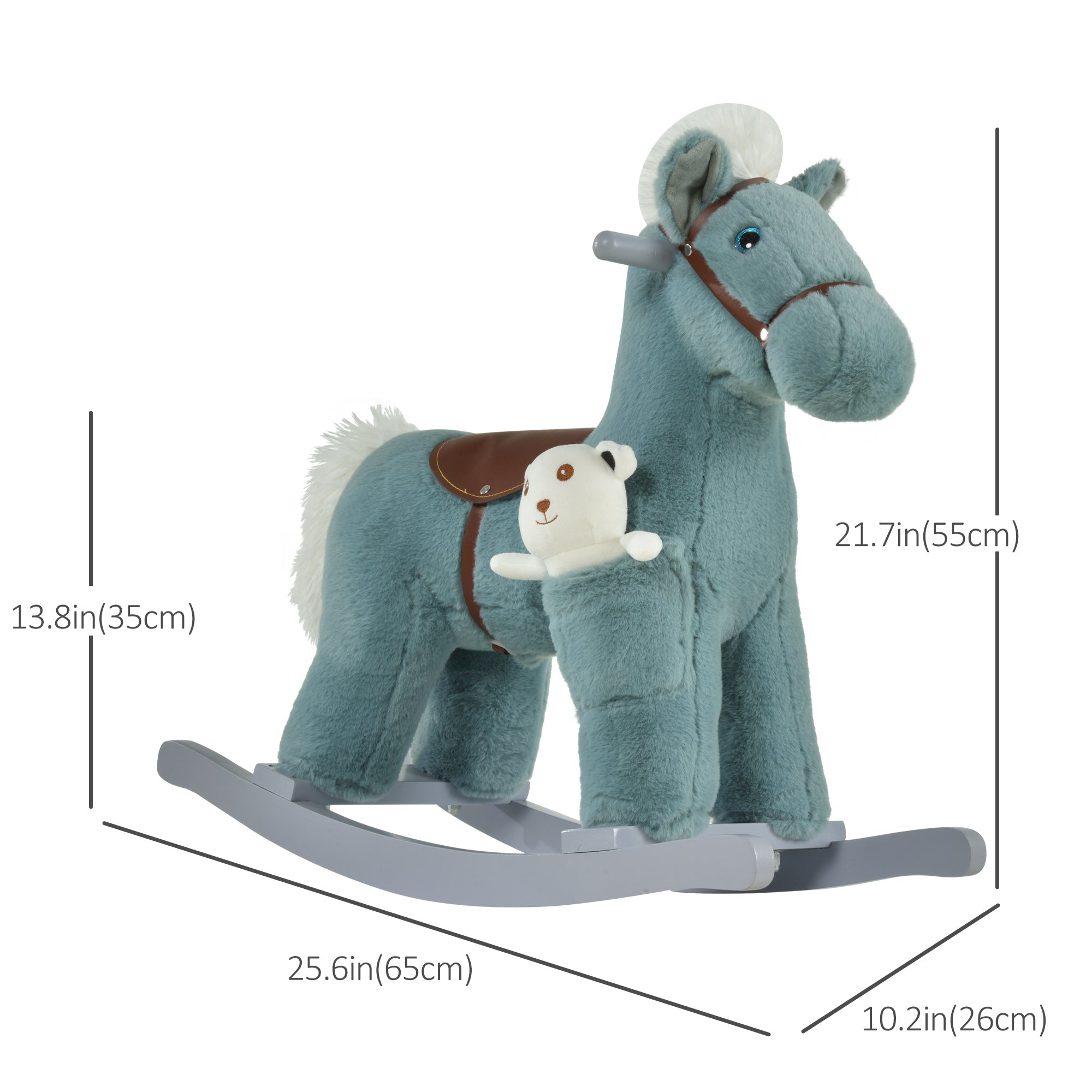 Qaba Toddler Rocking Horse - Blue Plush Ride-On Toy with Bear and Realistic Sounds for Kids 18-36 Months