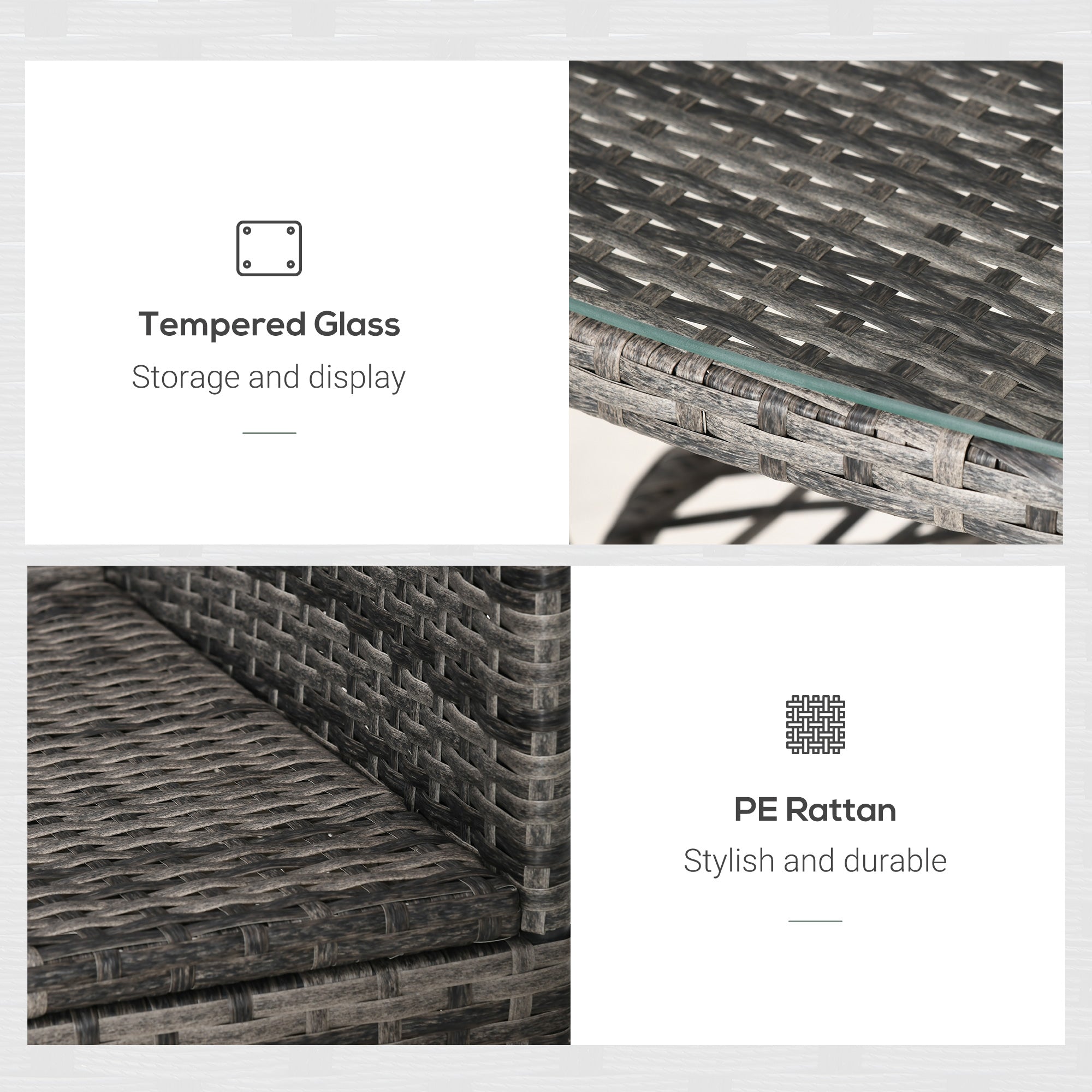 Outsunny Rattan Bistro Set 3PC Grey Armchair Glass Top Coffee Table Outdoor Patio Furniture Wicker Weave Garden Balcony