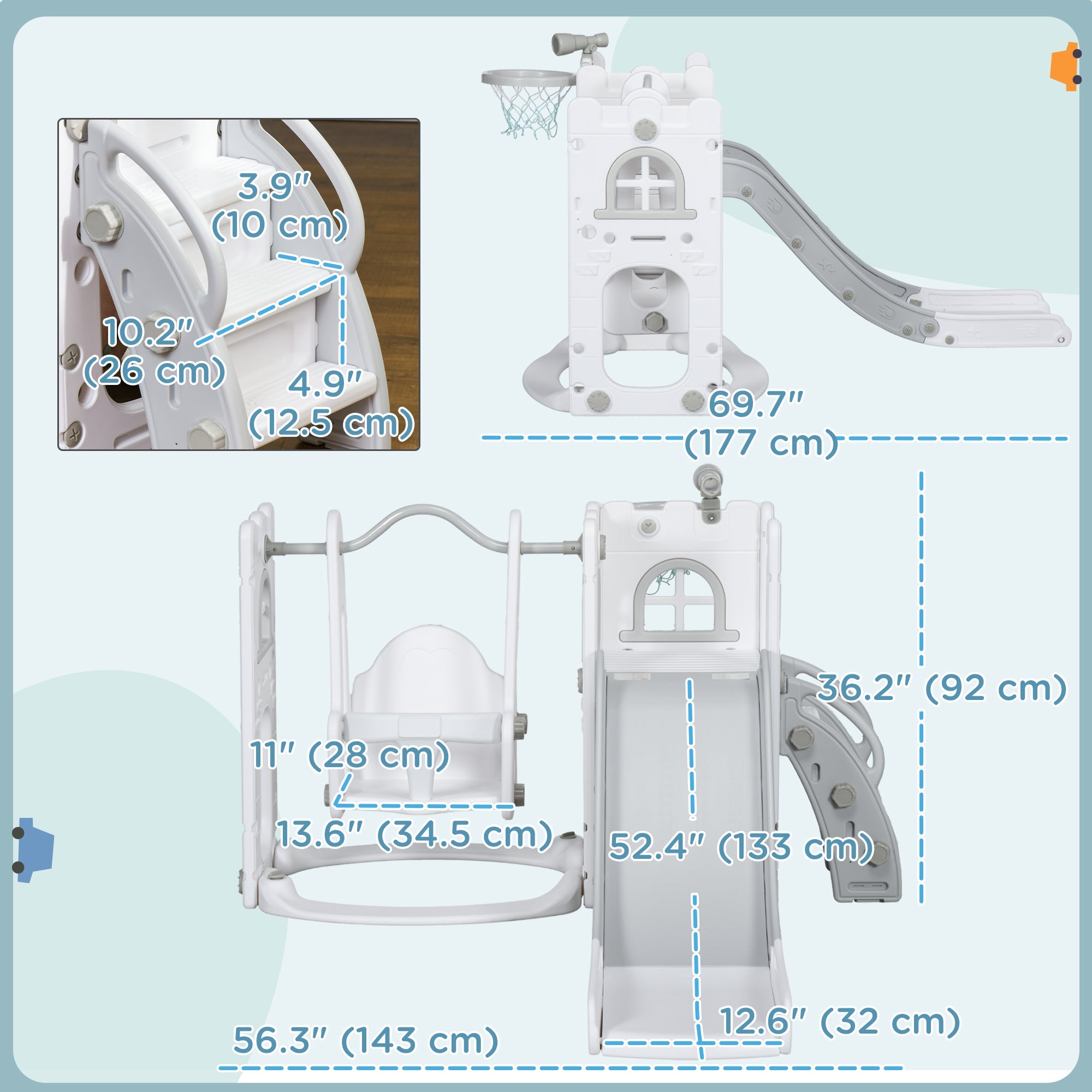 Qaba 6-in-1 Slide and Swing Set Baby Swing Playset Indoor with Basketball Hoop, Climber, Storage Space, Telescope, Grey