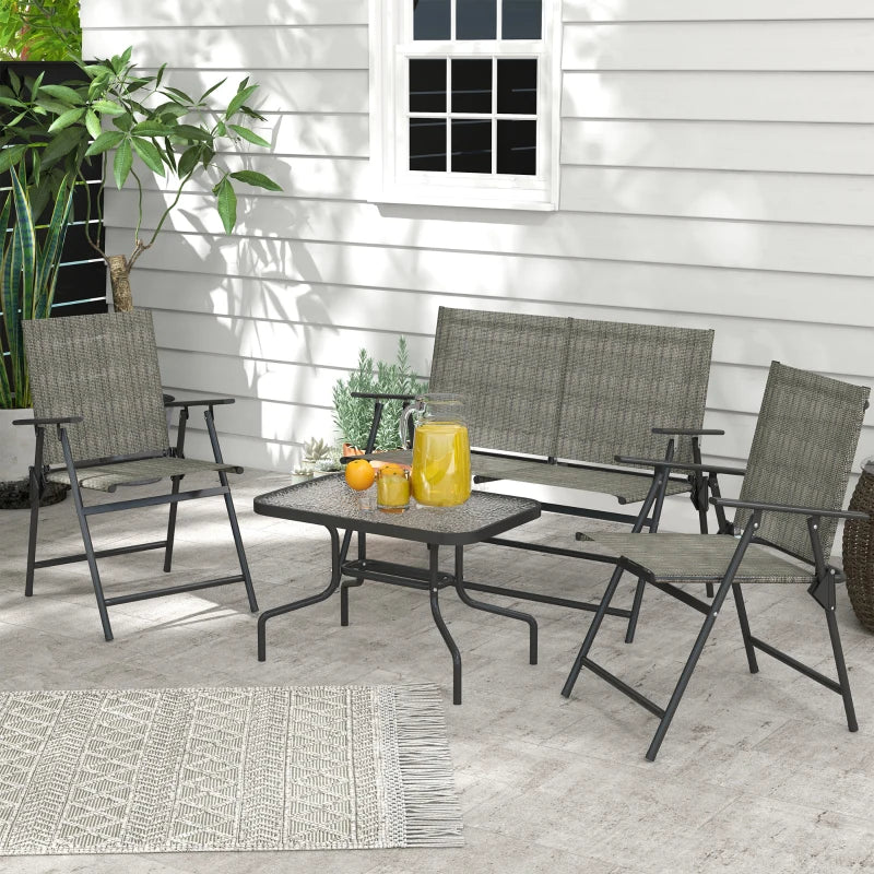 Outdoor 4 Pieces Patio Furniture Set, Garden Set with Two Foldable Armchairs, a Loveseat & Glass Top Table, Mixed Brown