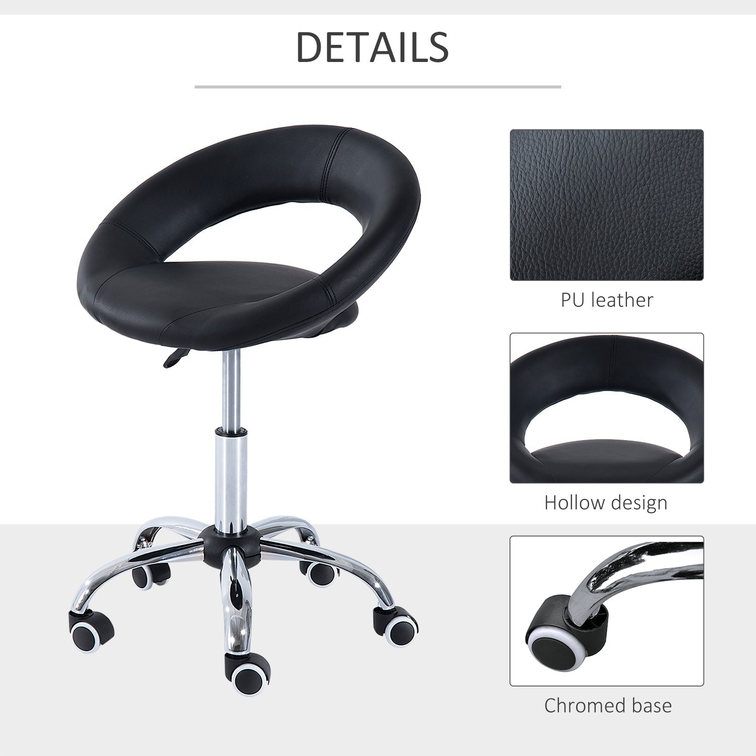 HOMCOM Sleek Swivel: Black and Chrome Hydraulic Moon Salon Stool, Rolling Chair for Massage, Spa, Tattoo, Pub, Bar