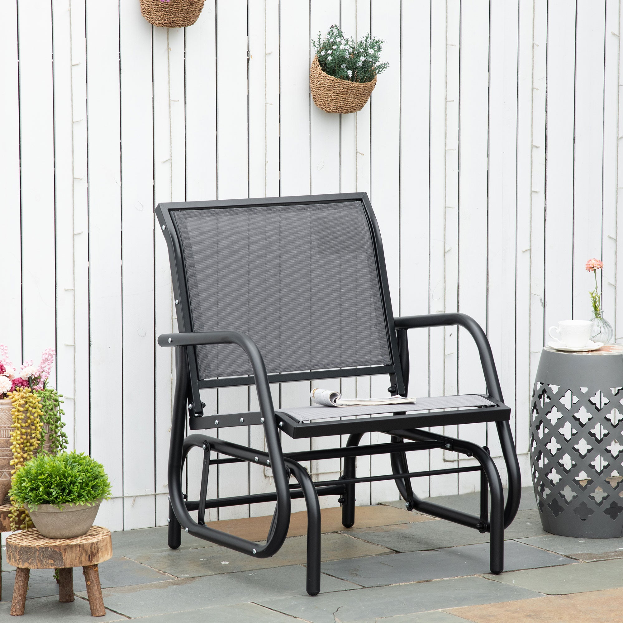 Outsunny Steel Frame Outdoor Glider Swing Chair with Breathable Mesh Seat Backrest and Curved Rocking Arms in Light Grey