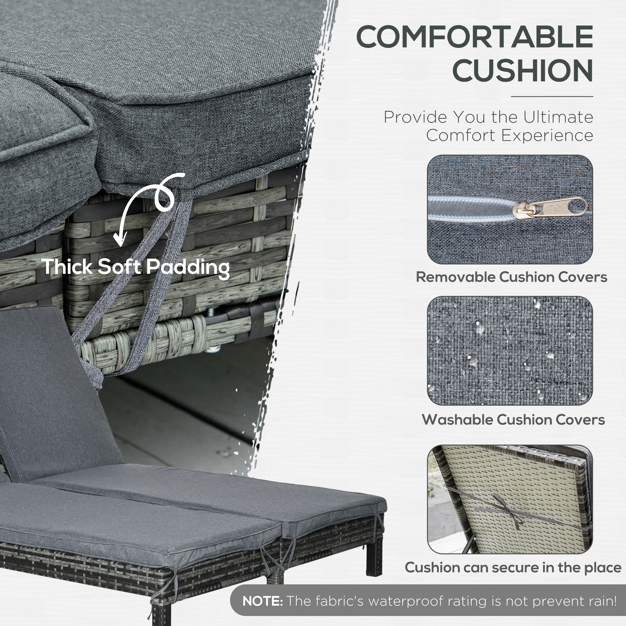 Outsunny Wicker Double Chaise Lounger Chair Outdoor Recliner 2 Person Rattan Patio Reclining Sunbed Furniture, Black, Grey