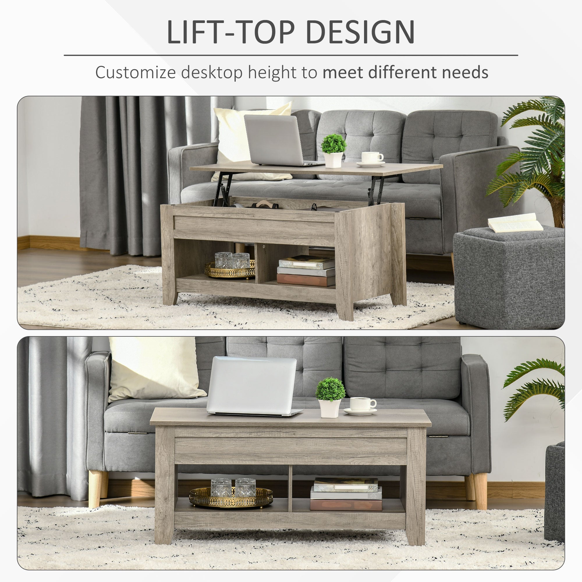 HOMCOM Lift Top Coffee Table with Hidden Storage and Open Shelves Oak Effect for Living Room