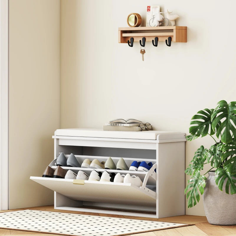 Entryway Bench with Padded Seat and Flip-Drawers, Holds up to 265lbs, Shoe Storage Bench for 8 Pairs of Shoes, White