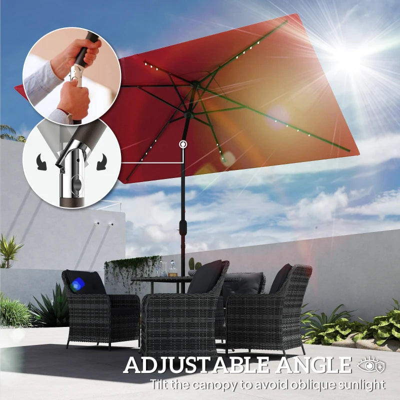 6' x 10' Patio Umbrella with 22 LED Solar Lights and Tilt, Rectangular Outdoor Table Umbrella with Crank, Wine Red