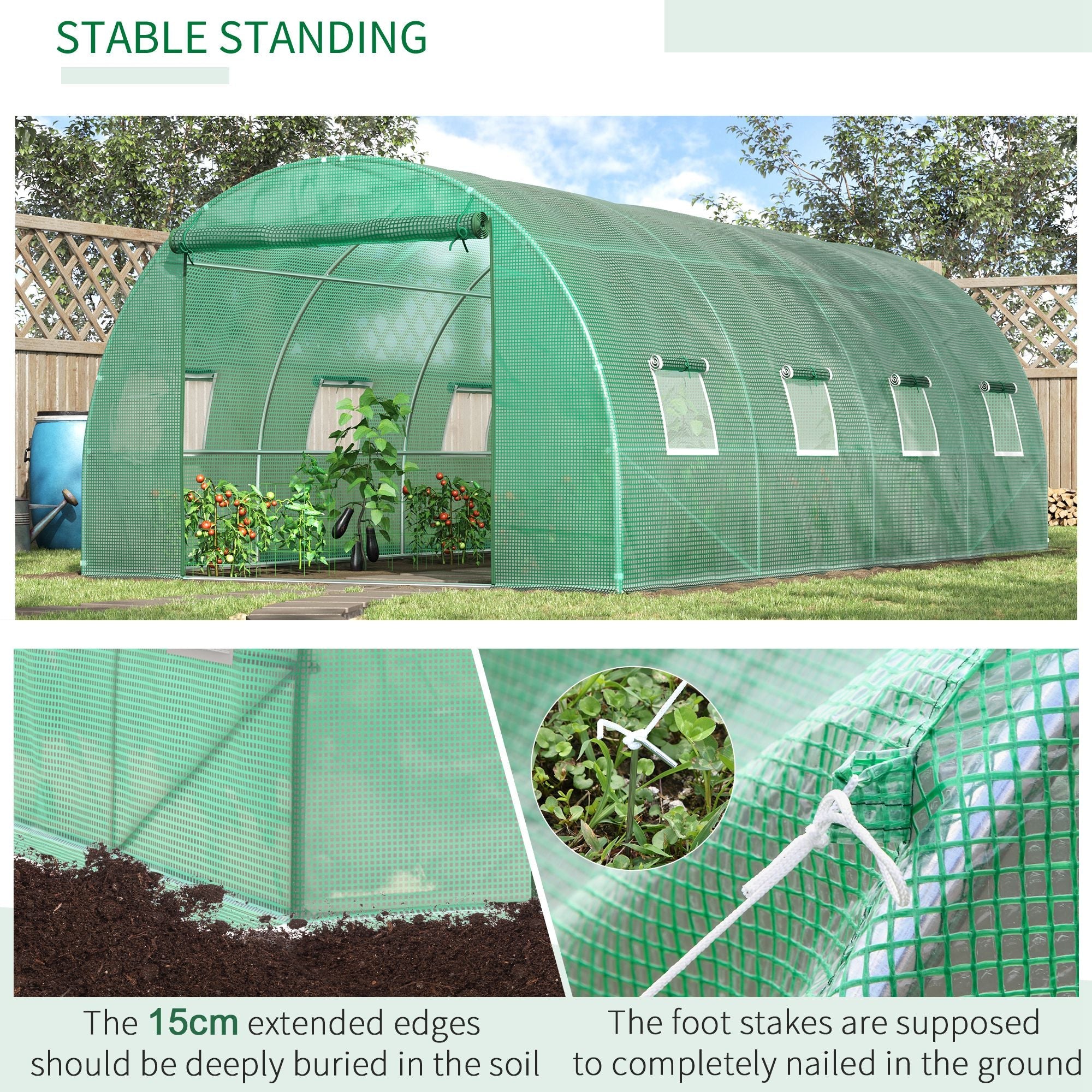 Outsunny Walk-in Tunnel Greenhouse, 19 x 10 x 6.6 ft Hoop House with Zipped Roll-Up Door and 8 Mesh Windows, Outdoor Greenhouse with Galvanised Steel Frame, Green