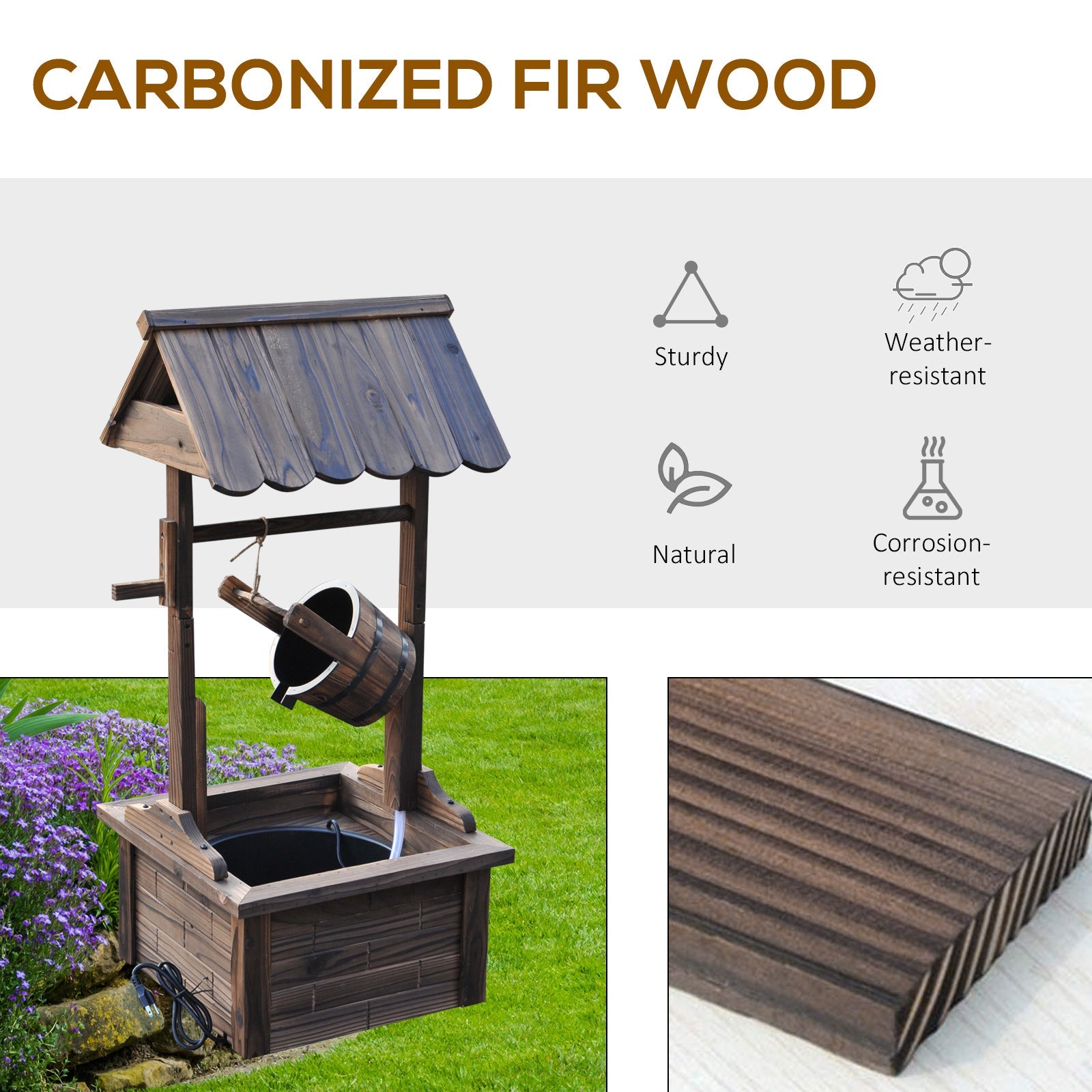 Outsunny Outdoor Wooden Waterfall Wishing Well Fountain with Electric Pump, Water Bucket, for Patio, Garden, Carbonized