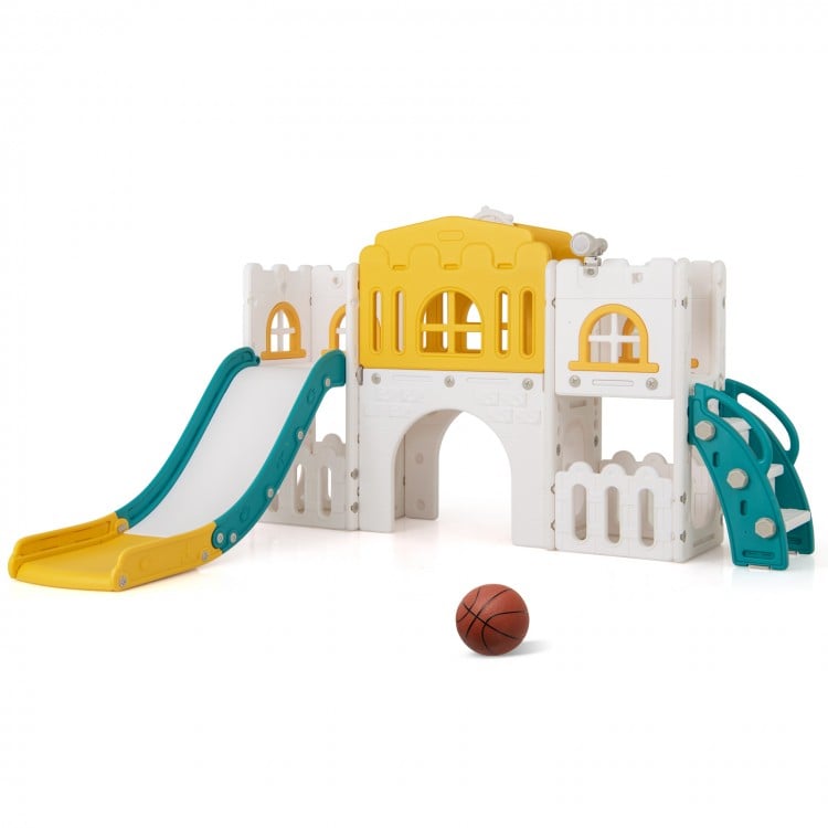 All-in-1 Toddler Slide Playset Playground with Tunnel and Ladder and Basketball-Yellow