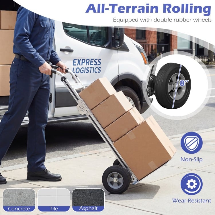 Aluminum Dolly Cart with 2 Rubber Wheels and Ergonomic Handle-Silver