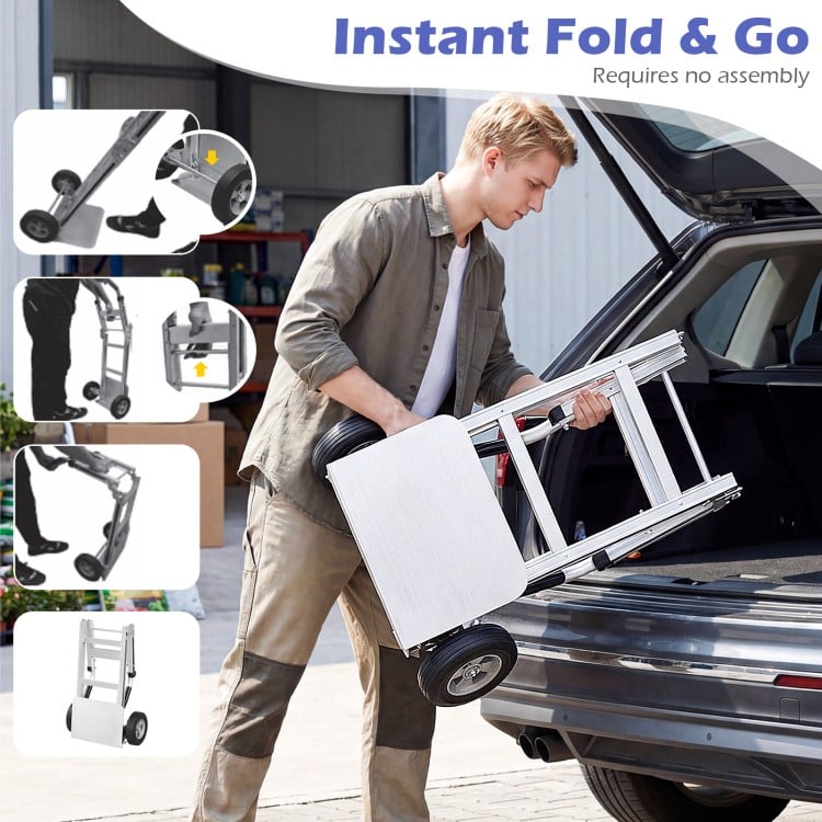 Aluminum Dolly Cart with 2 Rubber Wheels and Ergonomic Handle-Silver