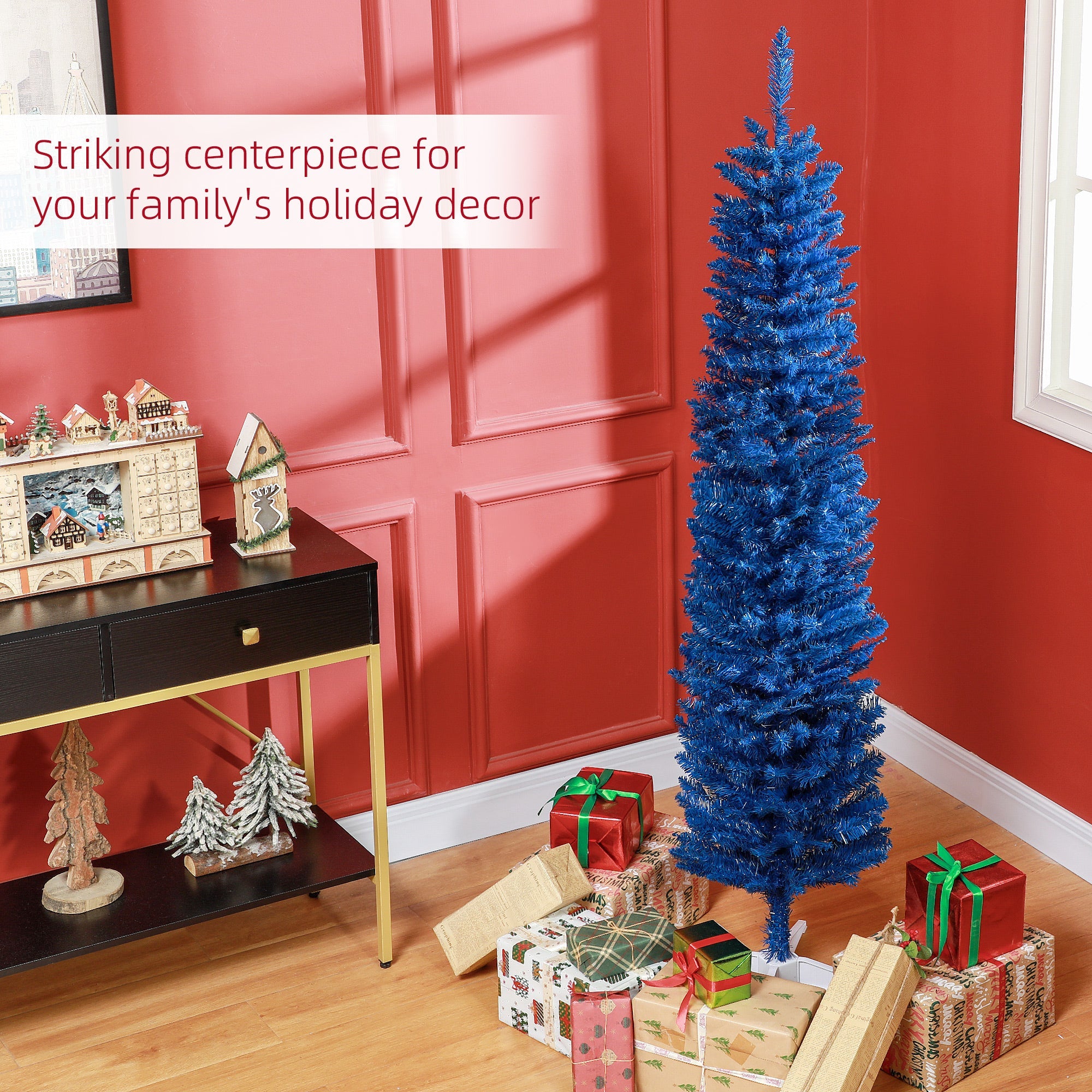 HOMCOM 7ft Artificial Christmas Tree, Pencil Christmas Tree for Xmas Holiday Decor, Deep Blue