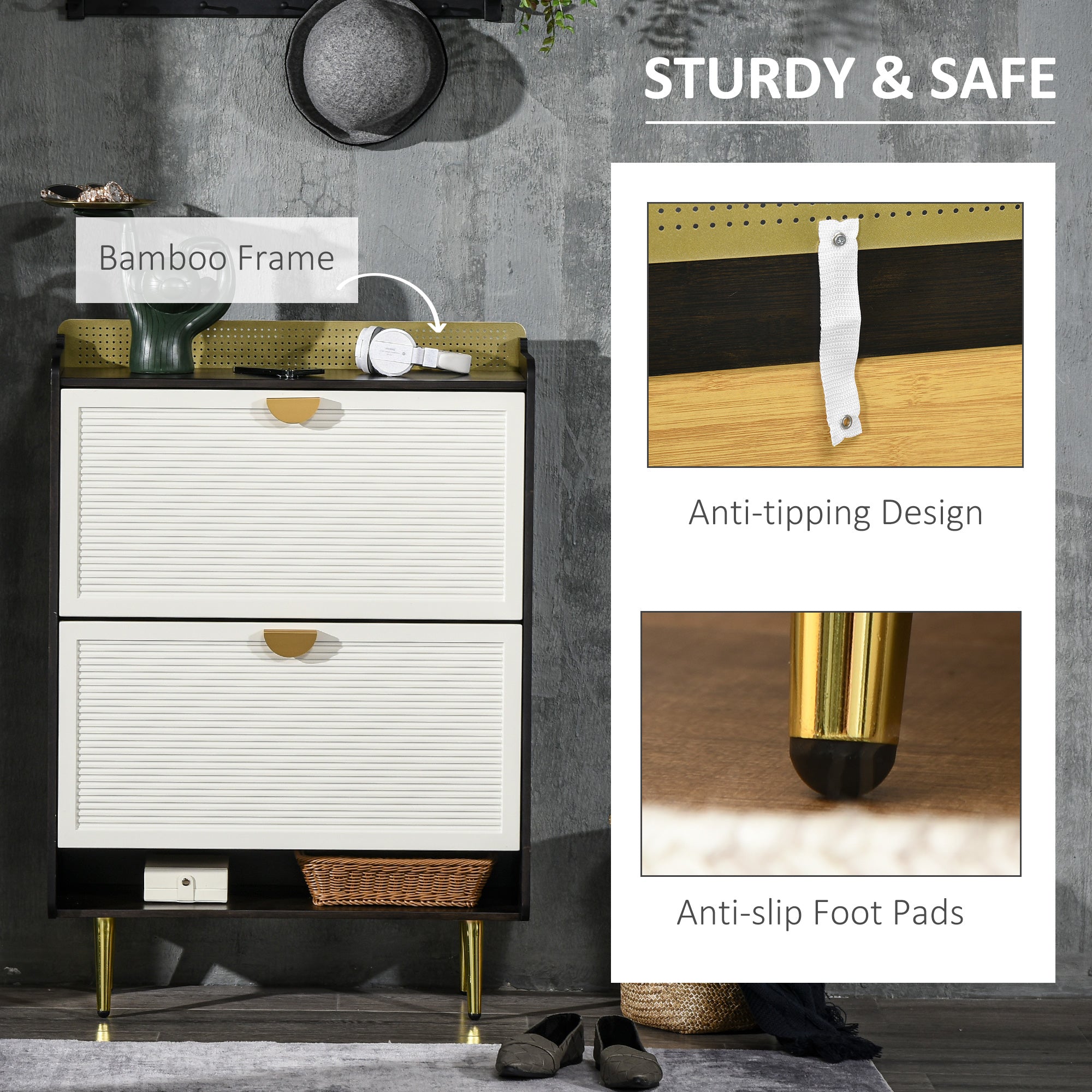 HOMCOM Modern Shoe Cabinet: 2 Flip Drawers, Open Shelf for 12 Pairs Storage Solution in White Finish