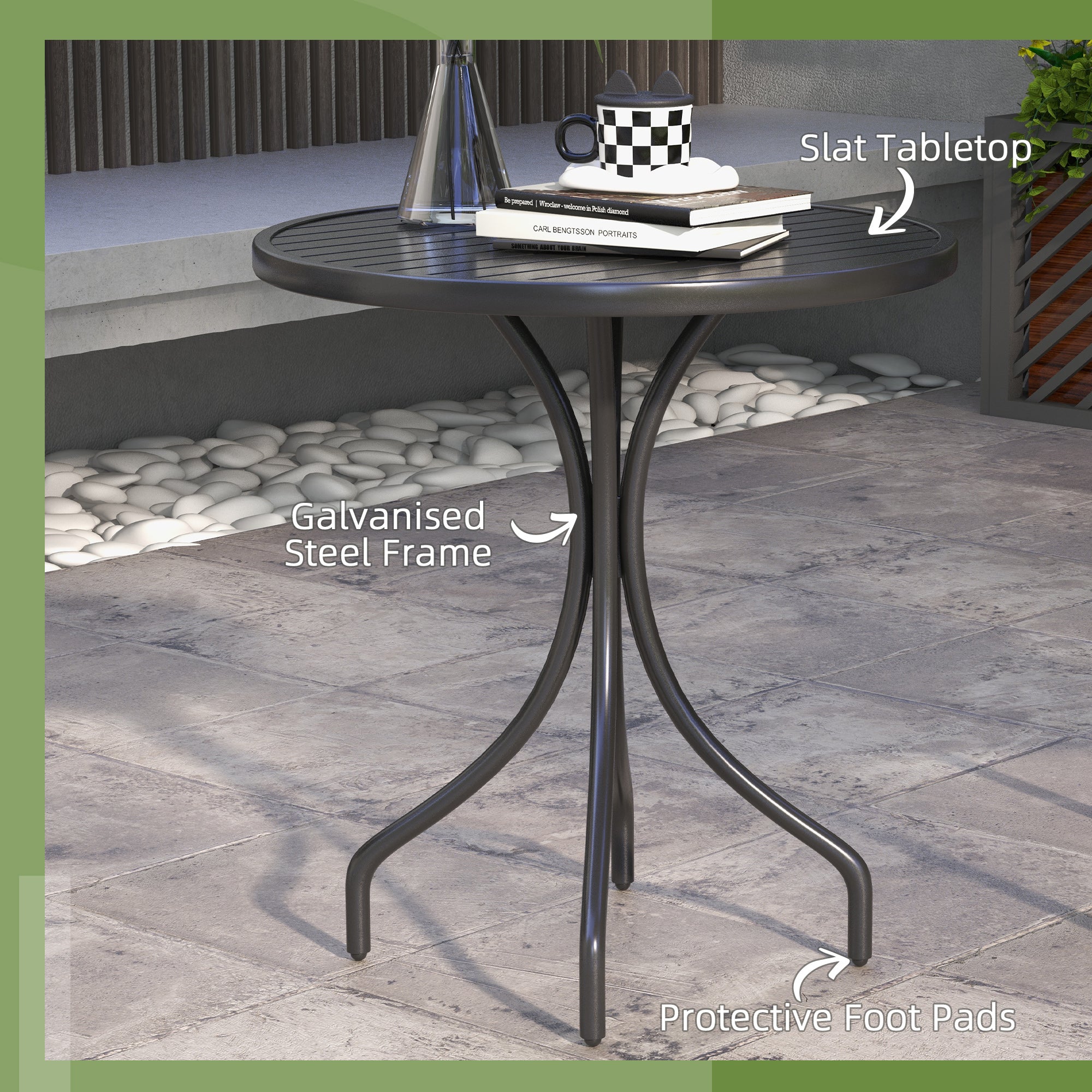 Outsunny 26" Round Outdoor Side Table with Steel Frame Slat Tabletop Patio Garden Balcony Furniture Black
