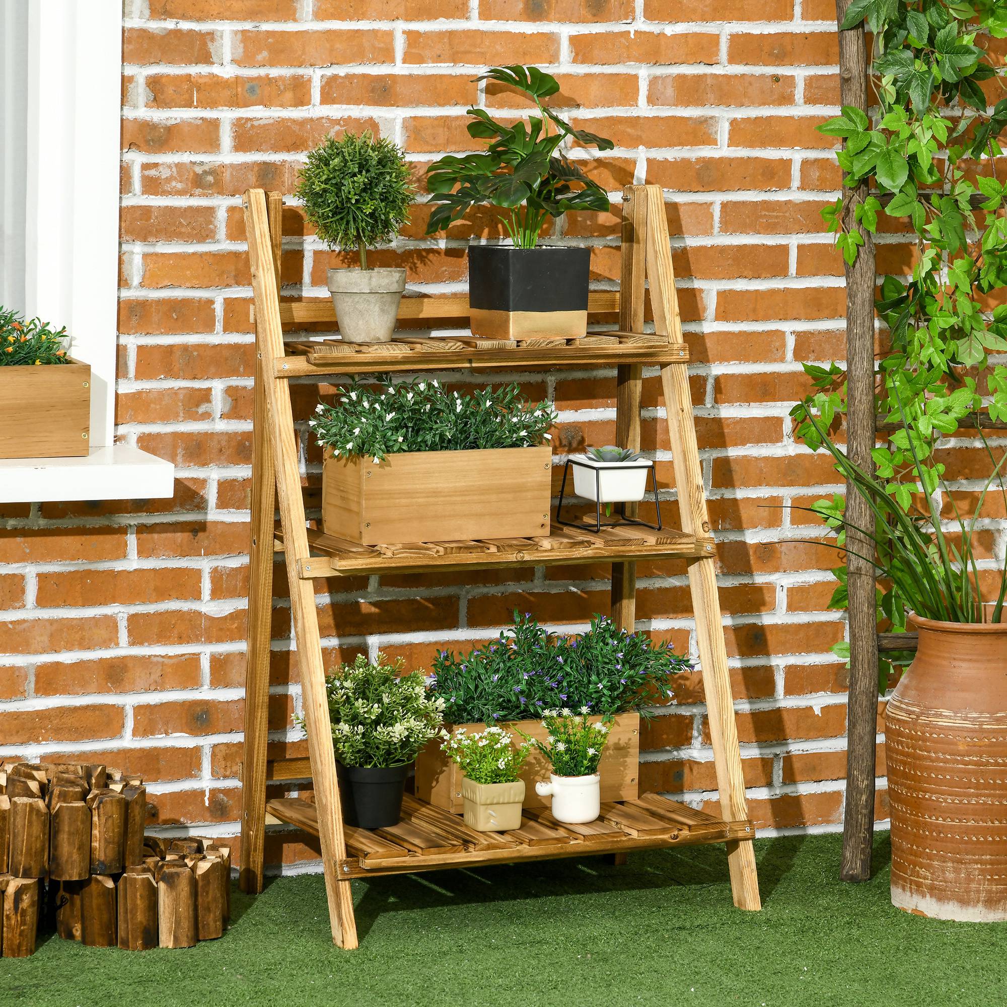 Outsunny Foldable 3-Tier Wooden Plant Stand, 24"x14"x37", for Garden & Indoor Use - Display Plants Beautifully