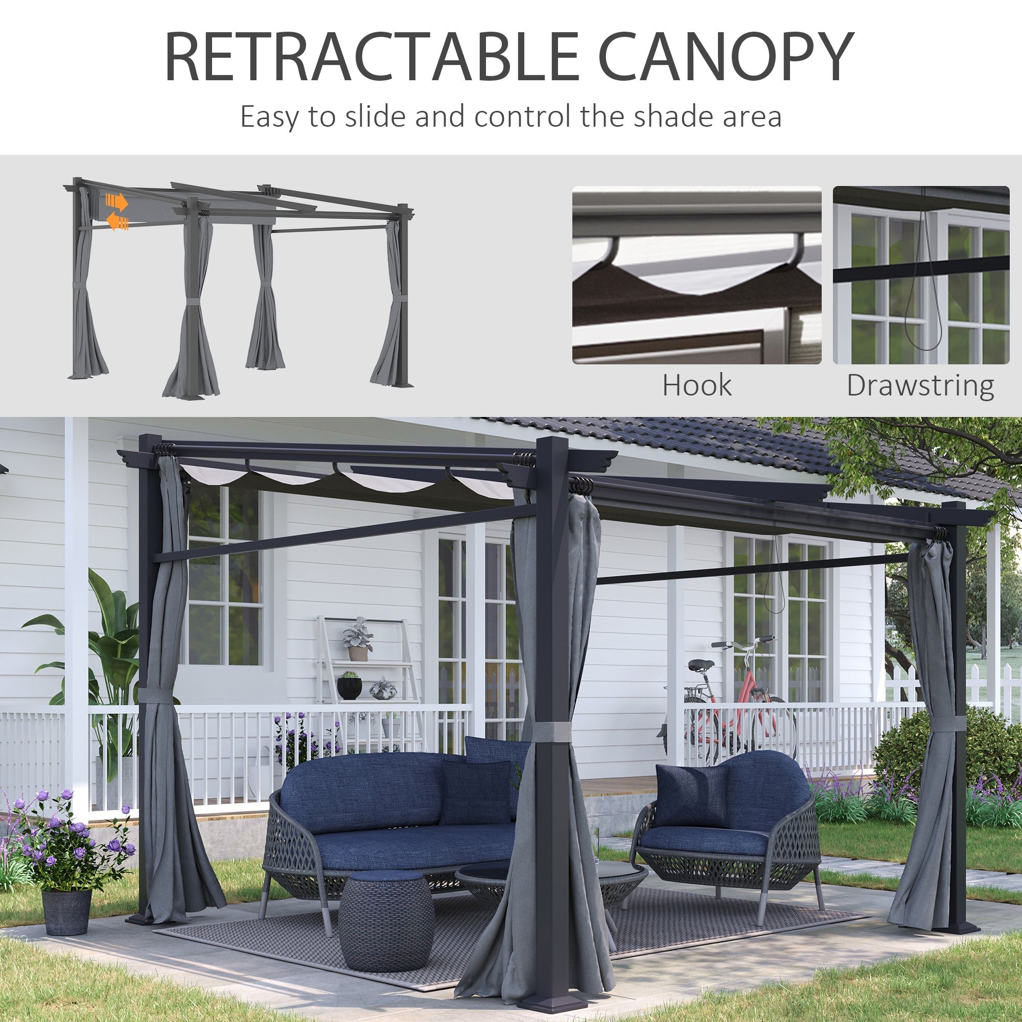 Outsunny 9.7'x9.7' Metal Pergola with Retractable Roof Dark Grey Outdoor Shade Canopy