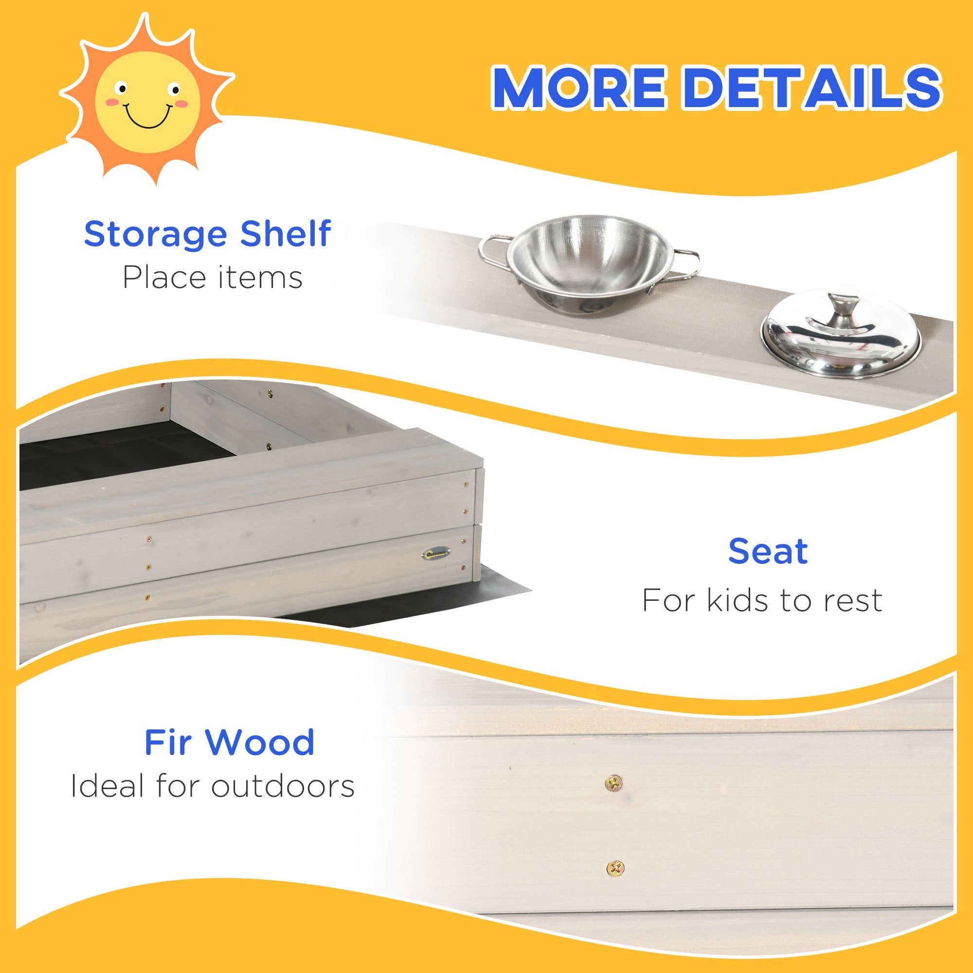 Outsunny Kids Sandbox with Canopy Wooden Sandpit Adjustable Cover Kitchen Toys Seats Storage for Ages 3-7 45x43 inch
