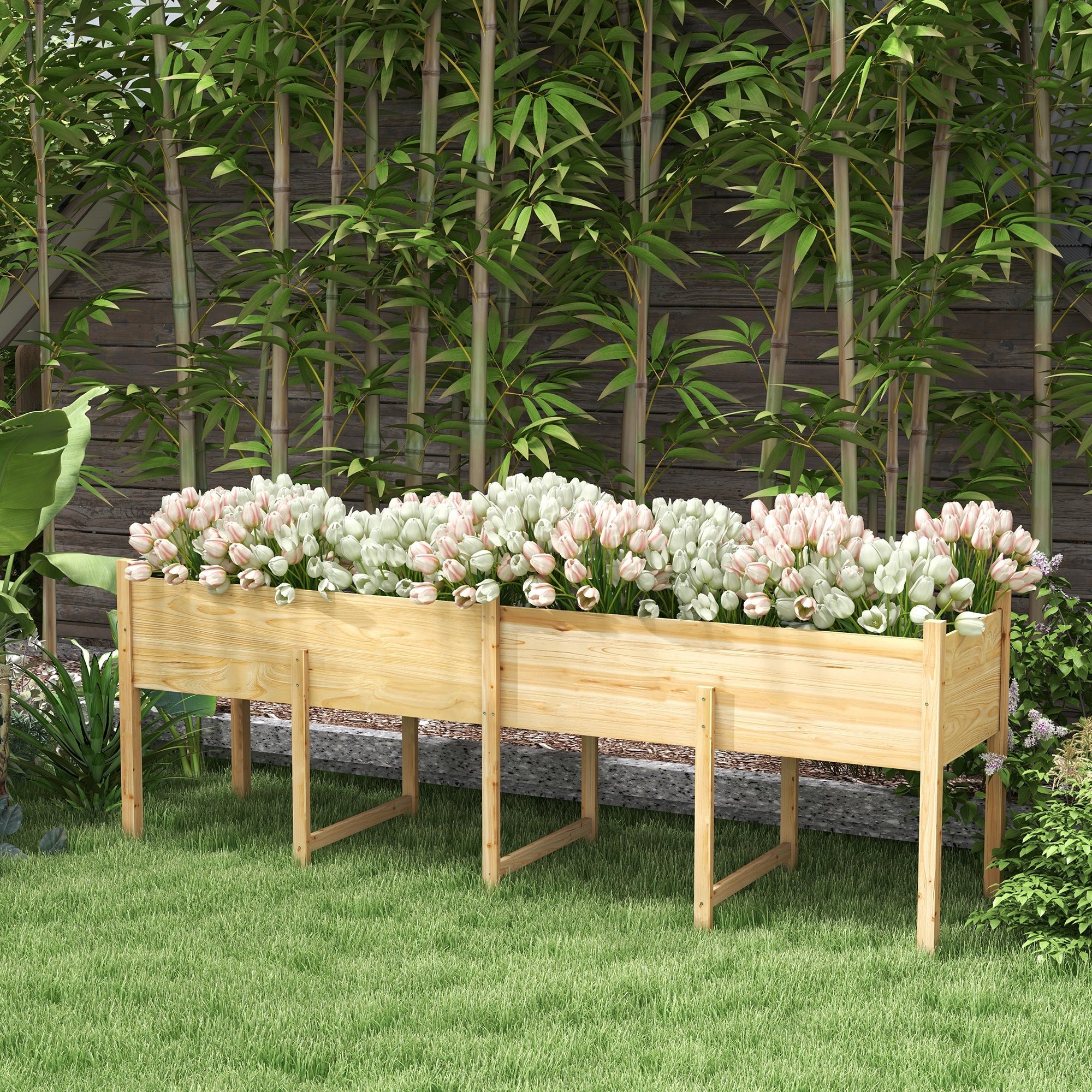 Outsunny Wooden Raised Garden Bed Planter, Large Elevated Planter Box with Legs, Bed Liner and Drain Holes, 7.4' x 1.8' x 2.6'