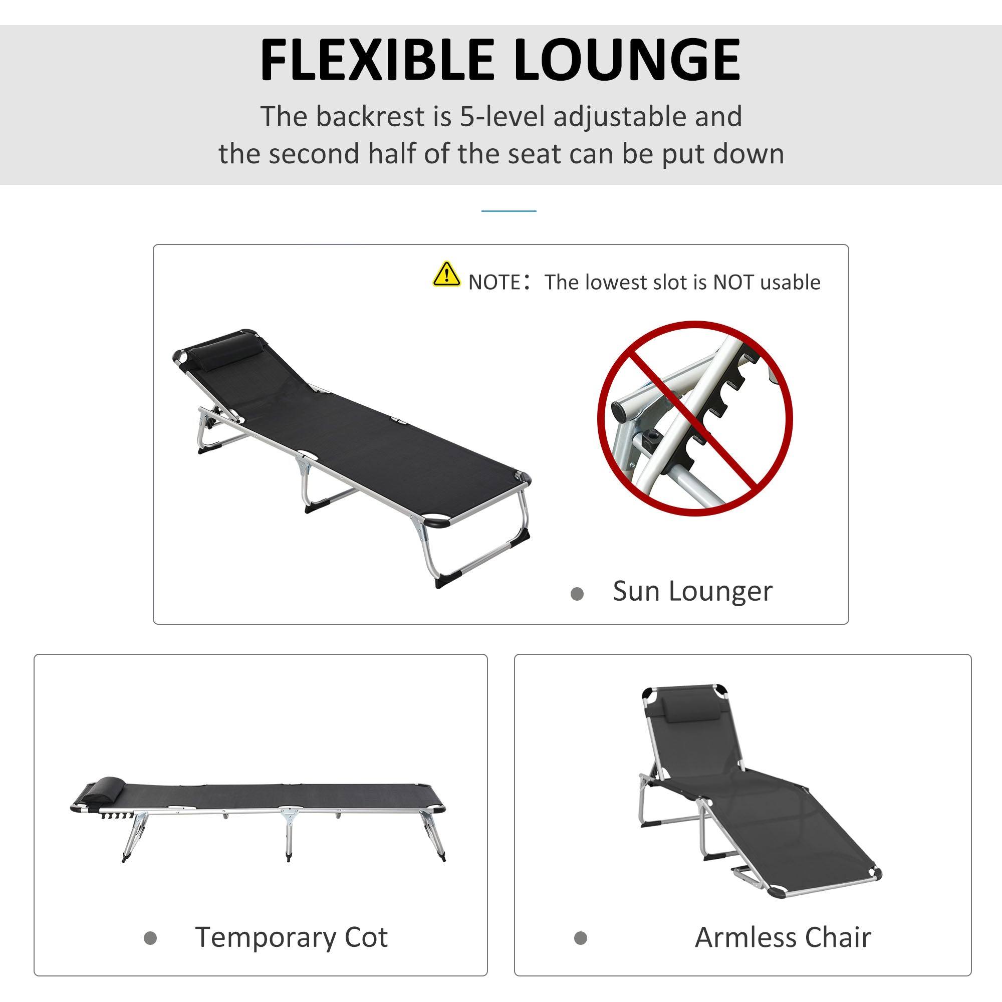 Outsunny Adjustable Folding Lounge Chair Patio Recliner with Headrest Aluminum Frame 5-Position Black