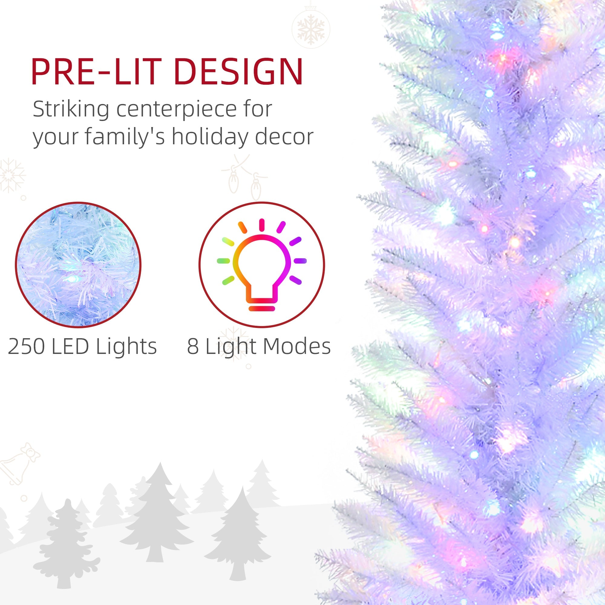 HOMCOM 7' Prelit Christmas Trees, Pencil Artificial Christmas Tree with Colourful Surface Tips, Colourful LED Lights, White