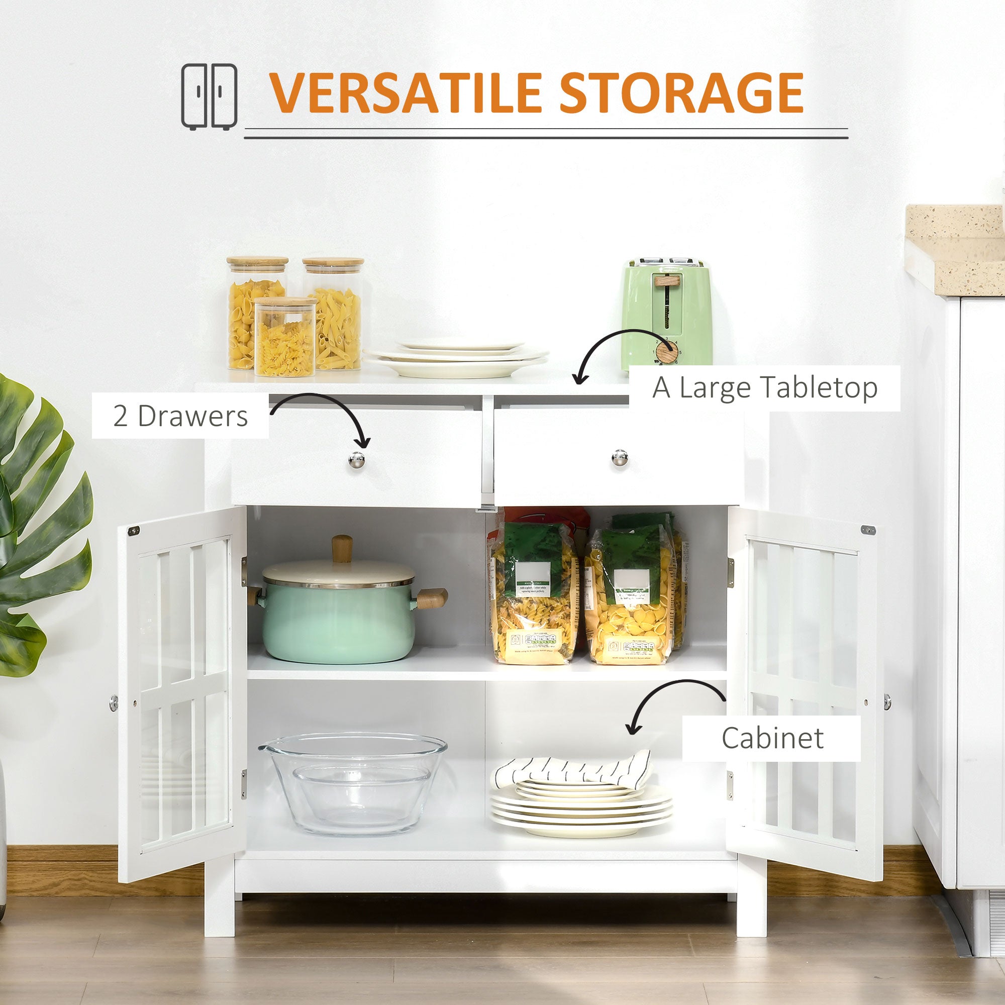HOMCOM White Glass Door Bar Cabinet: Sideboard Buffet Kitchen Storage Cupboard Console Table with Drawers for Bar