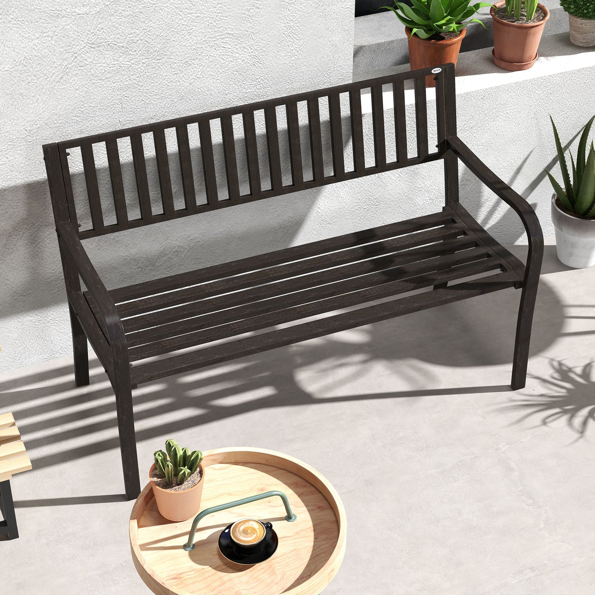 Outsunny Steel Garden Bench 50" Patio Metal Park Chair Ergonomic Design Brown