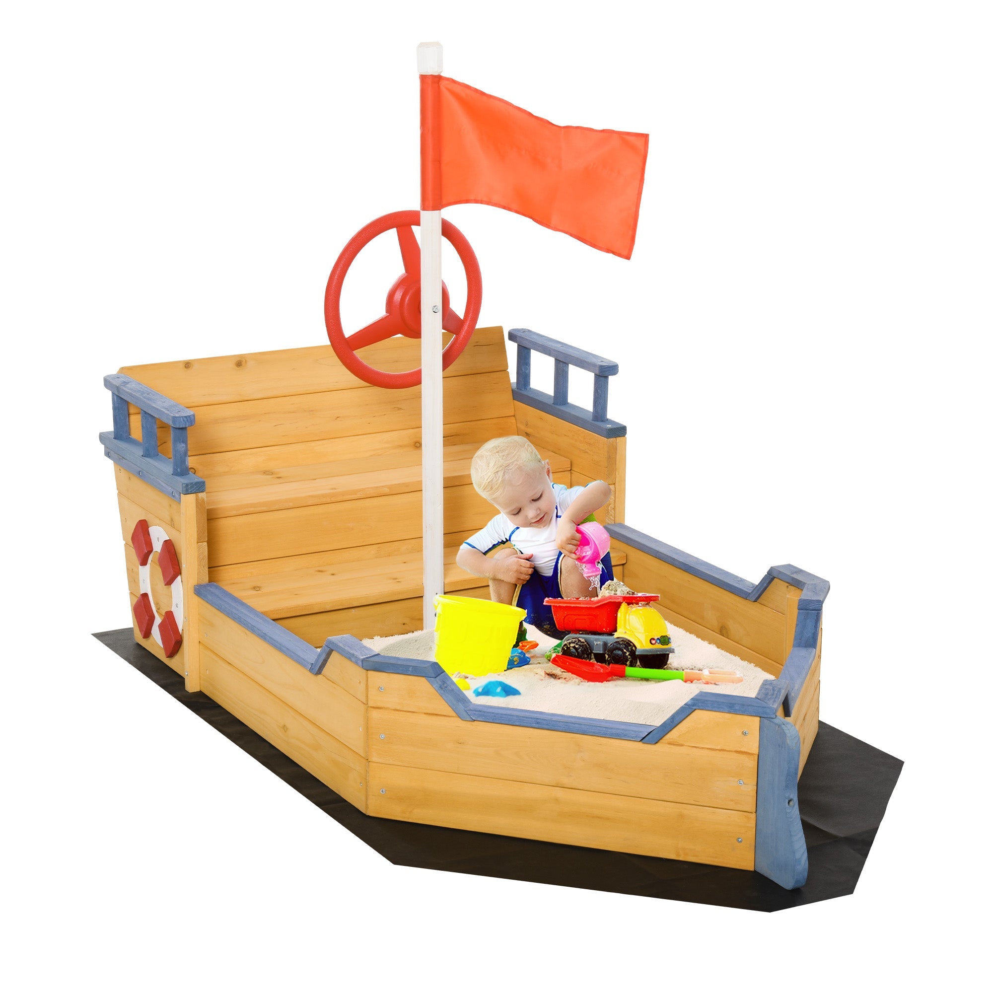 Outsunny Pirate Ship Sandbox Wooden Outdoor Playset for Kids Backyard Play Station Bench Seat Storage Flag