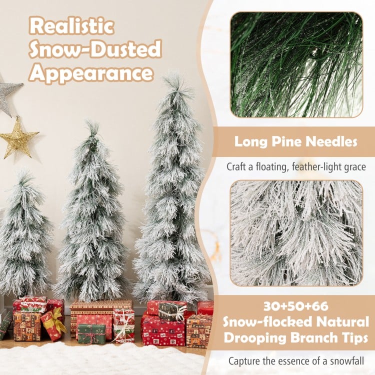 Artificial Christmas Tree Set of 3 with Snow-flocked Branch Tips and LED Lights