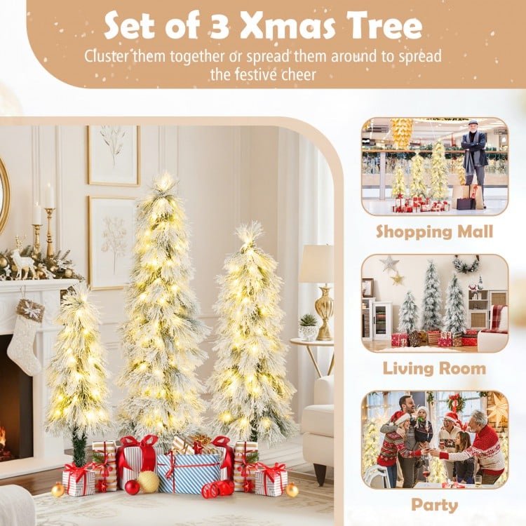 Artificial Christmas Tree Set of 3 with Snow-flocked Branch Tips and LED Lights