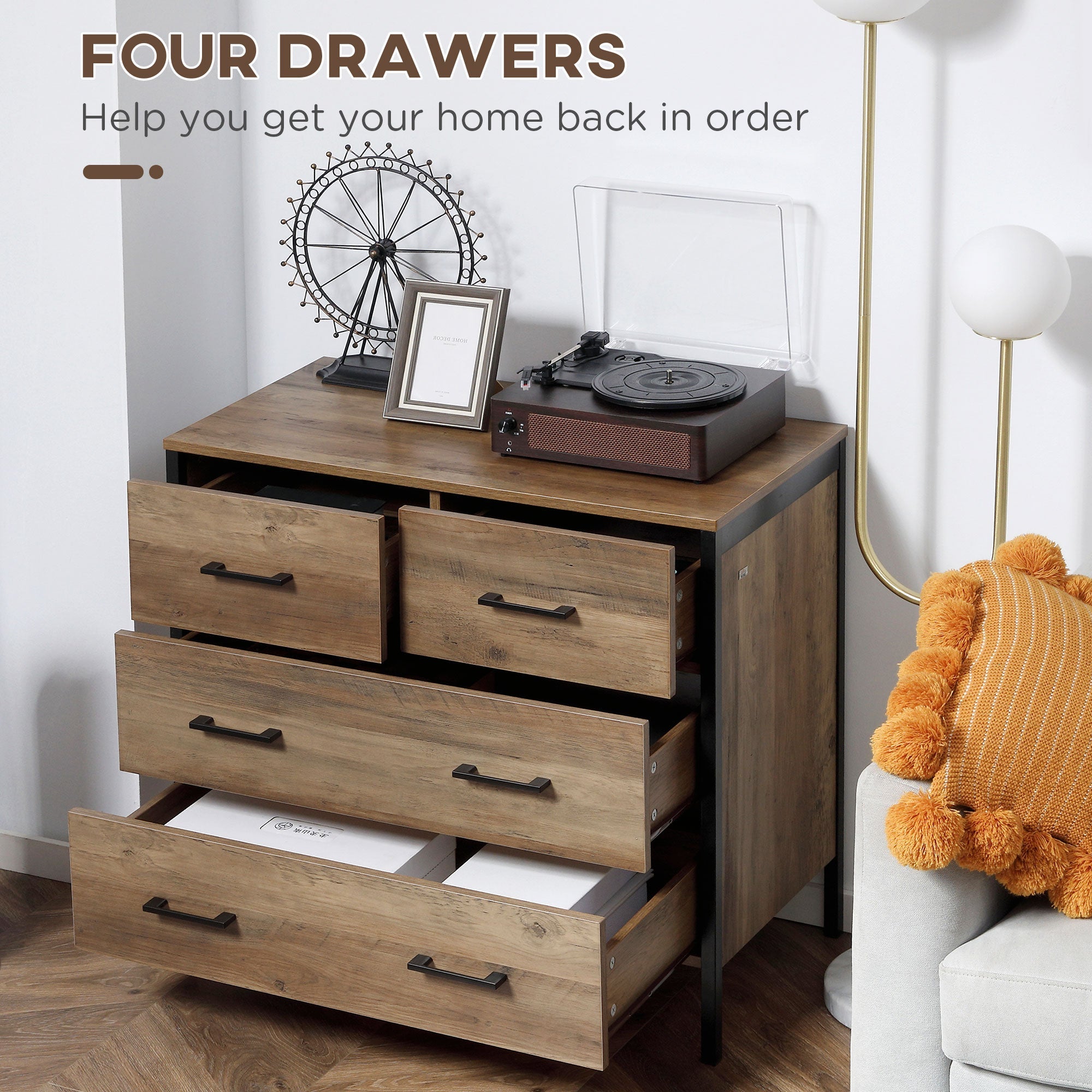 HOMCOM Rustic 4 Drawer Dresser with Metal Frame Handles Chest of Drawers for Living Room Bedroom Storage Brown