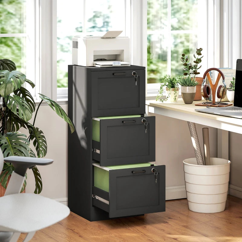 Vertical Filing Cabinet with 3 Drawers, Lock, File Cabinet for Home Office, A4 and Letter Size Files, Black