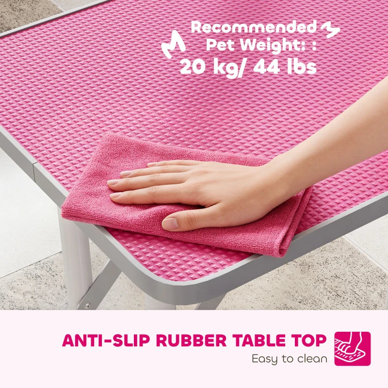 Foldable Pet Grooming Table for Dogs Cats with Adjustable Arm, Non-slip Surface, Pink