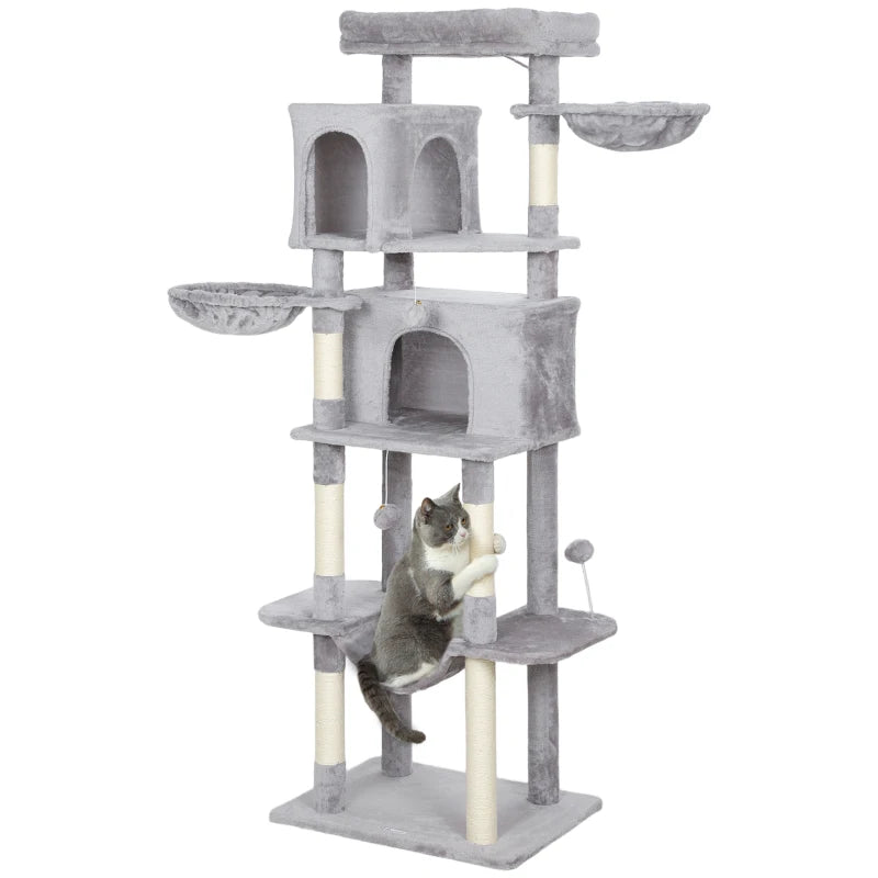 69" Cat Tree, Multi-Level Cat Tower with 2 Condos, Plush Perch and Sisal Scratching Posts, Light Grey