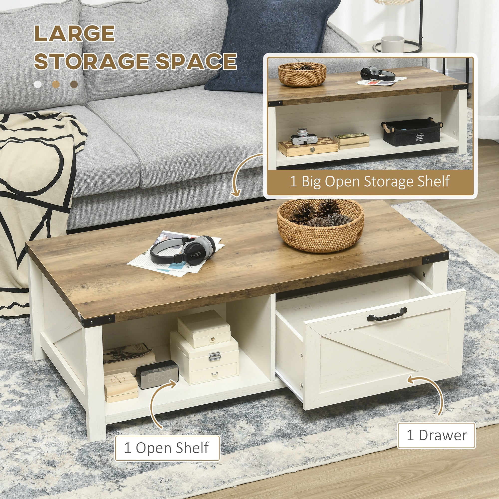 HOMCOM Rustic Farmhouse Coffee Table, Charming Living Room Centerpiece with Drawer & Storage Shelf, Cozy White