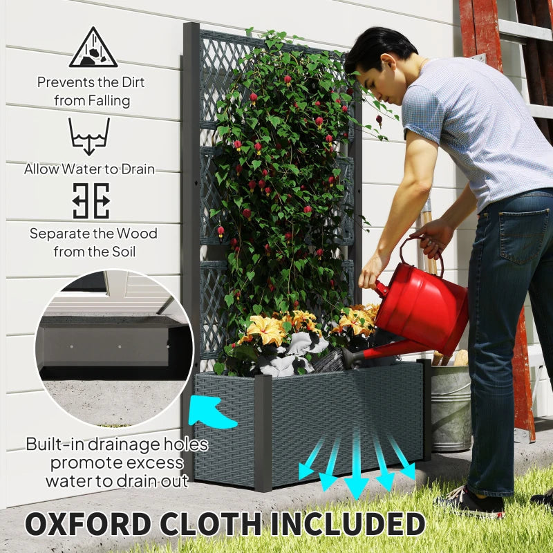 Wicker Outdoor Planter with Trellis, 58" Standing Garden Bed with Liner, Drainage Holes for Climbing Plants, Dark Grey