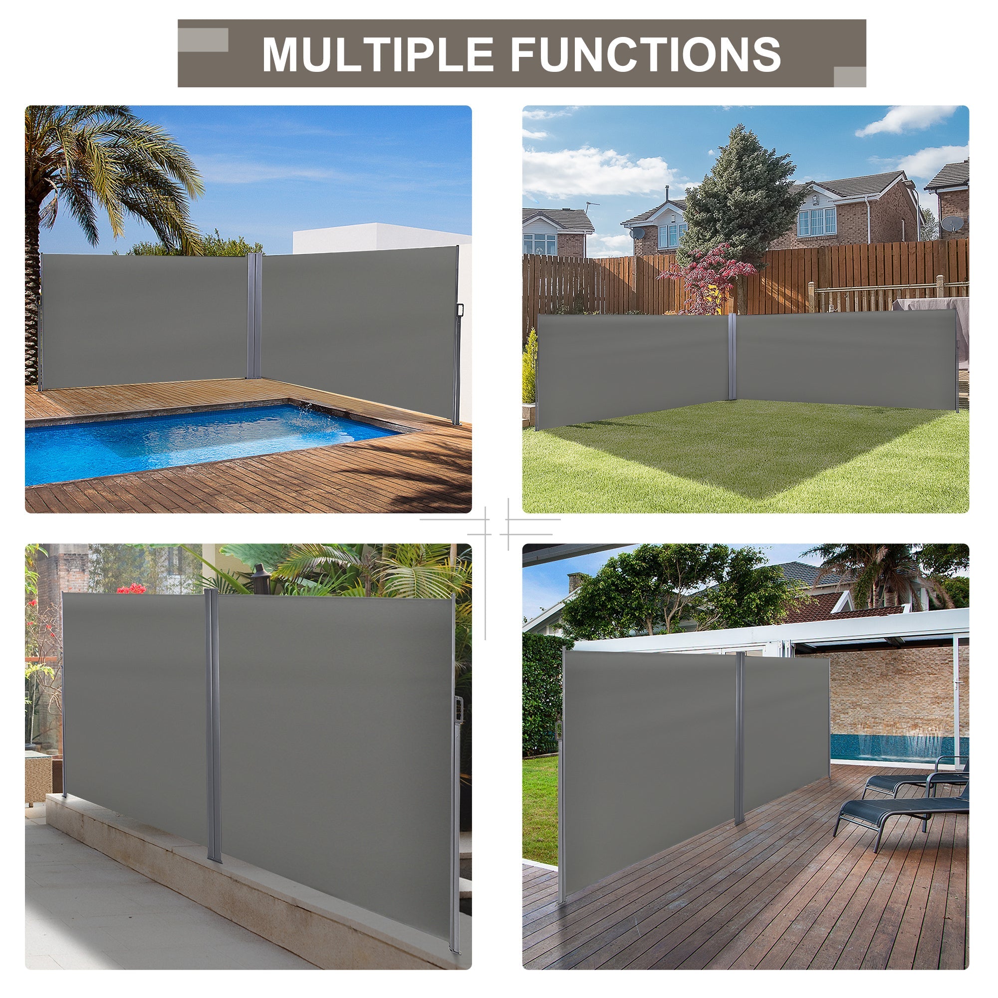 Outsunny Patio Privacy Divider: Double Side Retractable Sunshield for Garden Shade, Grey