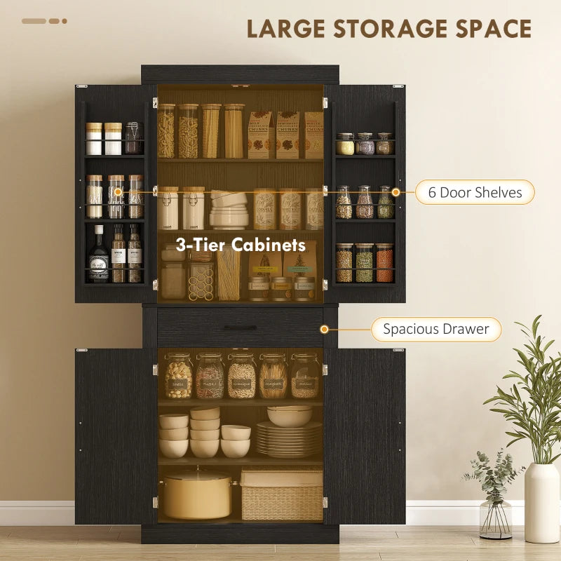 72" Kitchen Pantry Cabinet, Farmhouse Kitchen Storage Cabinet with 4 Barn Doors, 6 Door Shelves, Drawer, Black