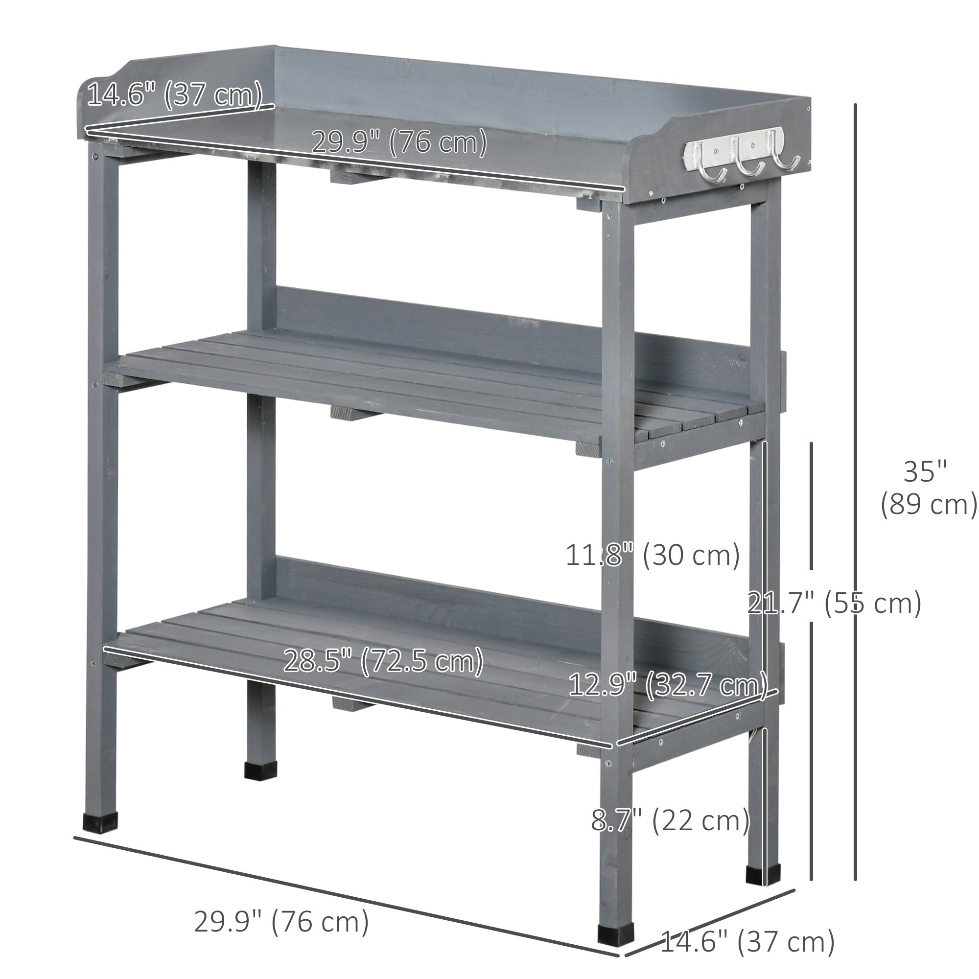 Outsunny Outdoor Garden Wooden Potting Bench Work Station Table Tool Storage Shelf w/ Hooks, Grey