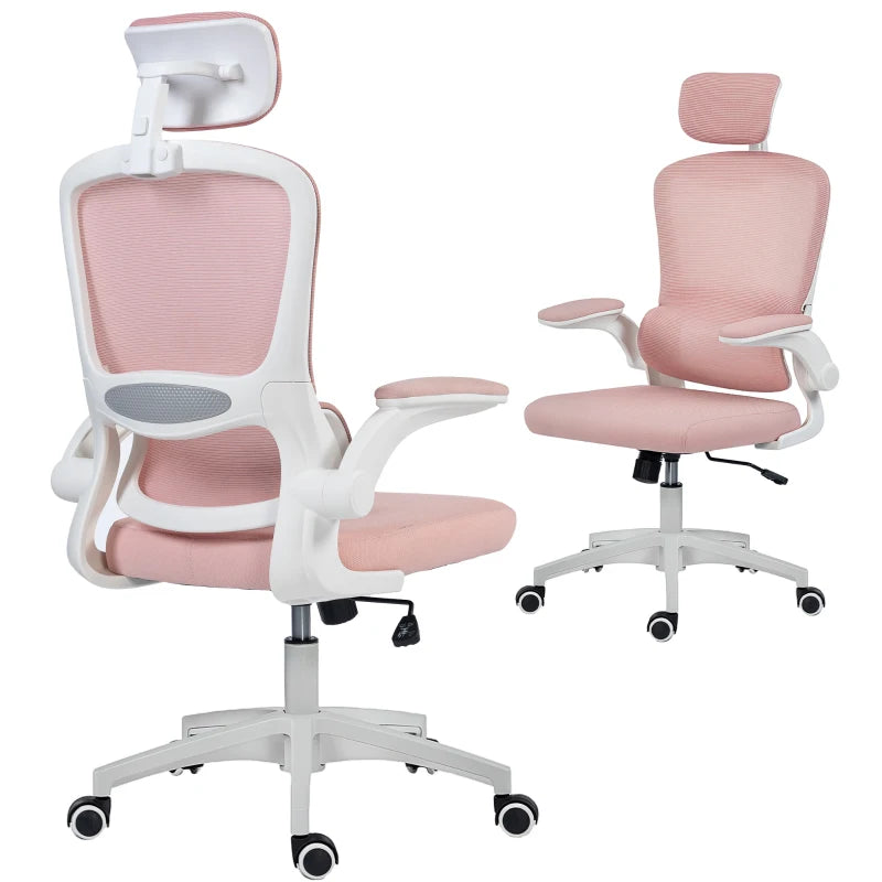 Ergonomic Mesh Office Chair, High Back Desk Chair with Rotatable Headrest, Flip-Up Armrests, Lumbar Support, Pink