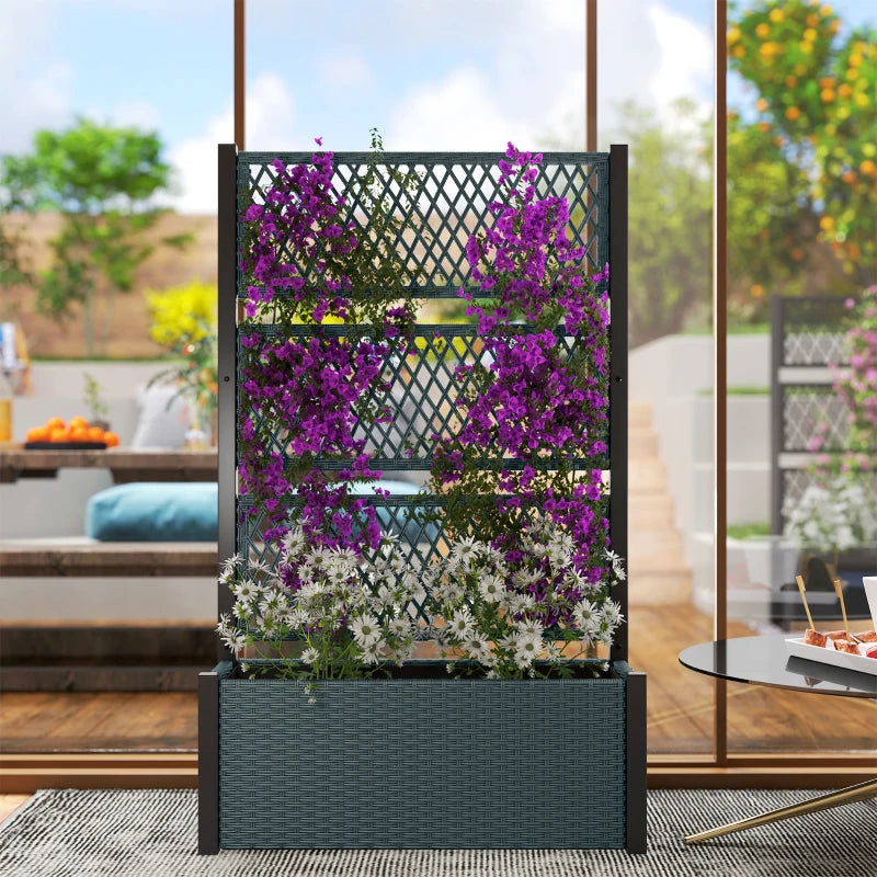 Wicker Outdoor Planter with Trellis, 58" Standing Garden Bed with Liner, Drainage Holes for Climbing Plants, Dark Grey