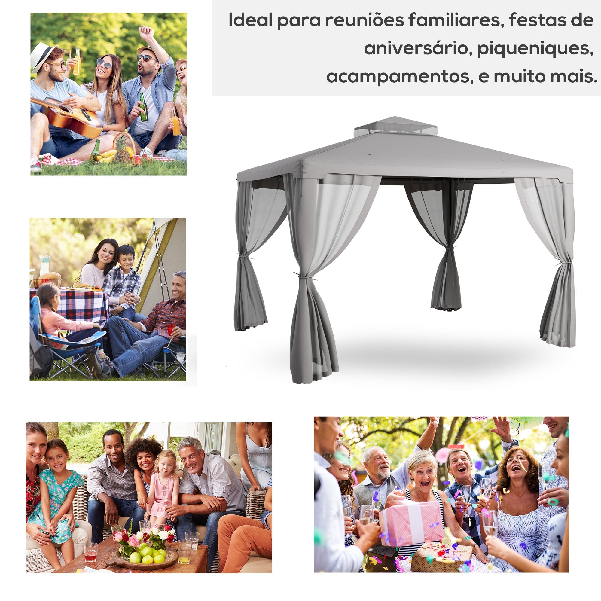 Outsunny 11.65' x 10' Patio Gazebo Outdoor Pavilion 2 Tire Roof Canopy Shelter Garden, Steel Frame w/ Mosquito Netting, Light Grey