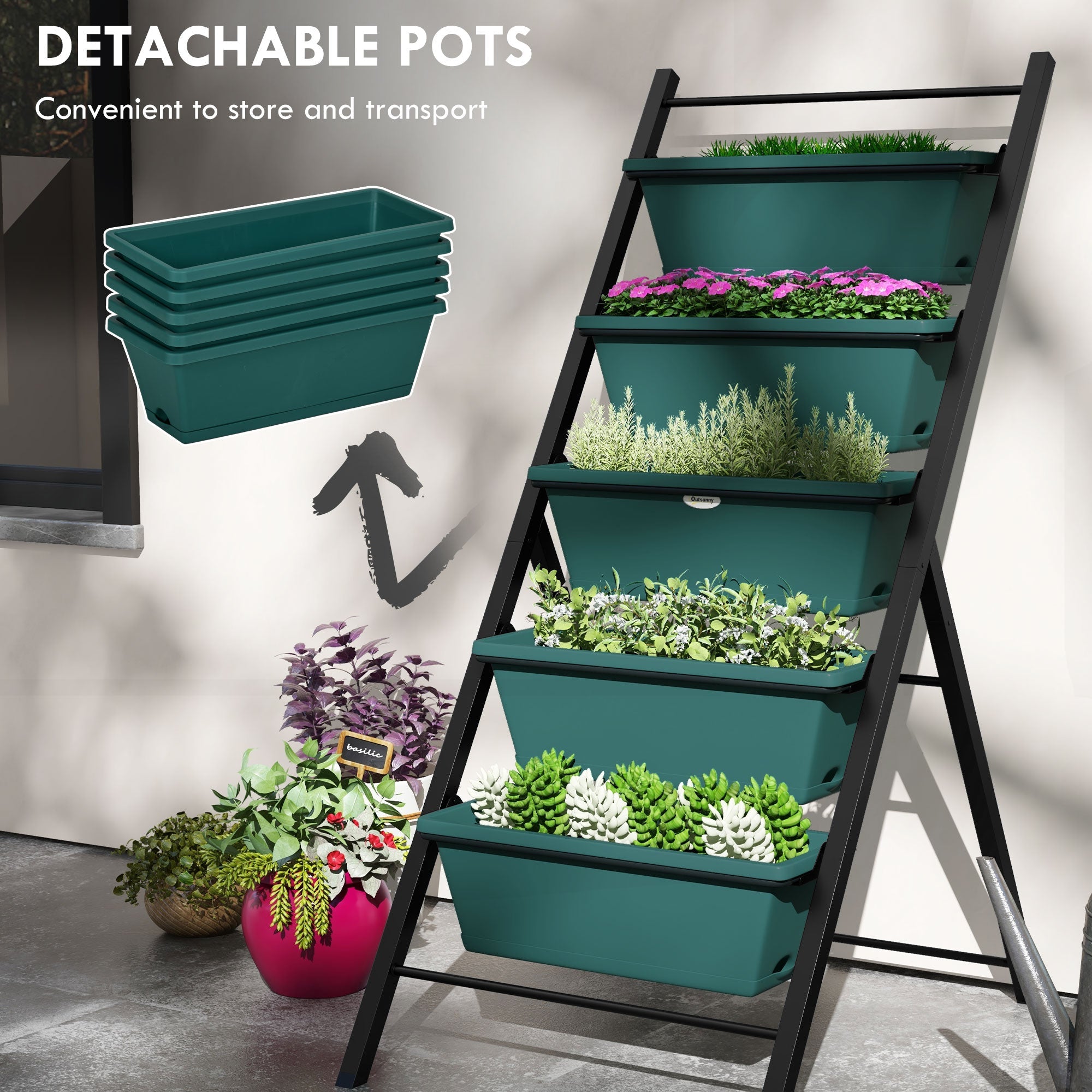 Outsunny 5-Tier Vertical Garden Planter Outdoor Plant Stand with 5 Container Boxes for Vegetables Flowers Green