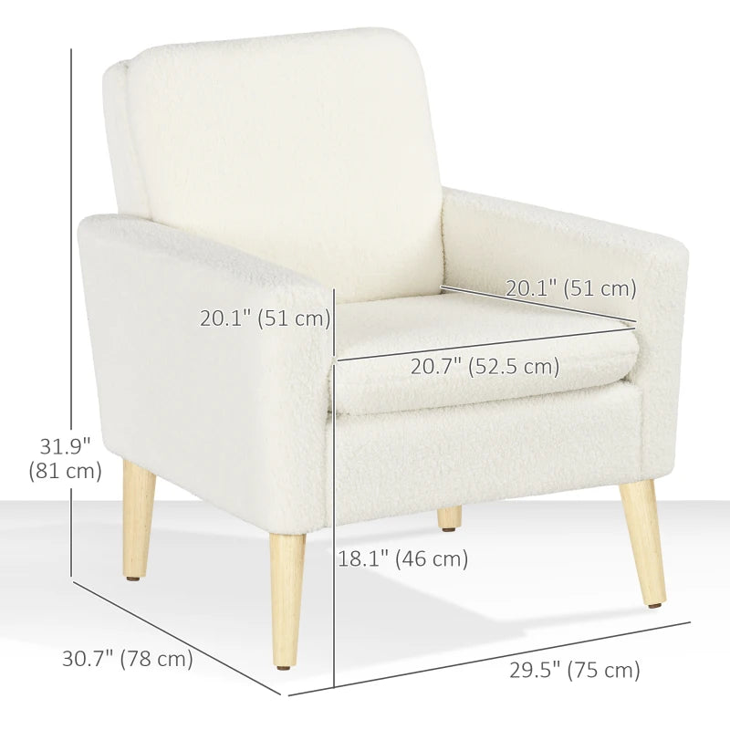 Fabric Accent Chair, Modern Upholstered Armchair with Wood Legs and Wide Padded Seat, Cream White