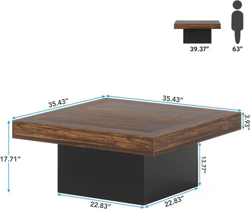 Square Coffee Table 35.4" Farmhouse Wood Cocktail Table with LED Light and Sturdy One-Leg Design Rustic Brown